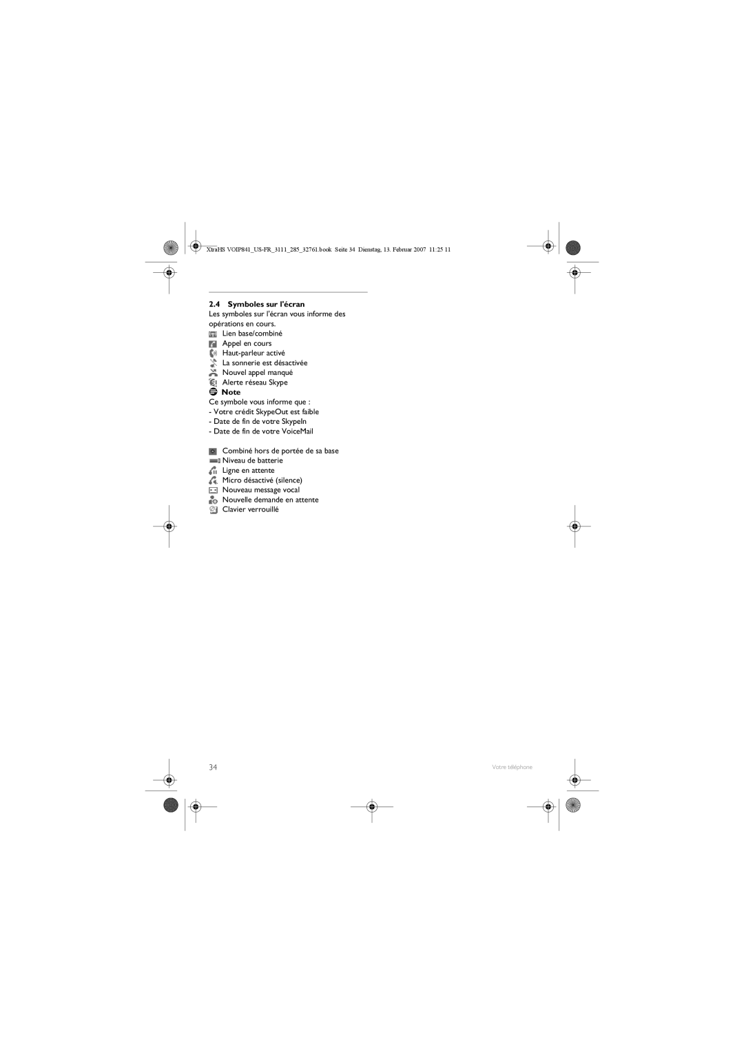 Philips VOIP841 manual Symboles sur lécran 