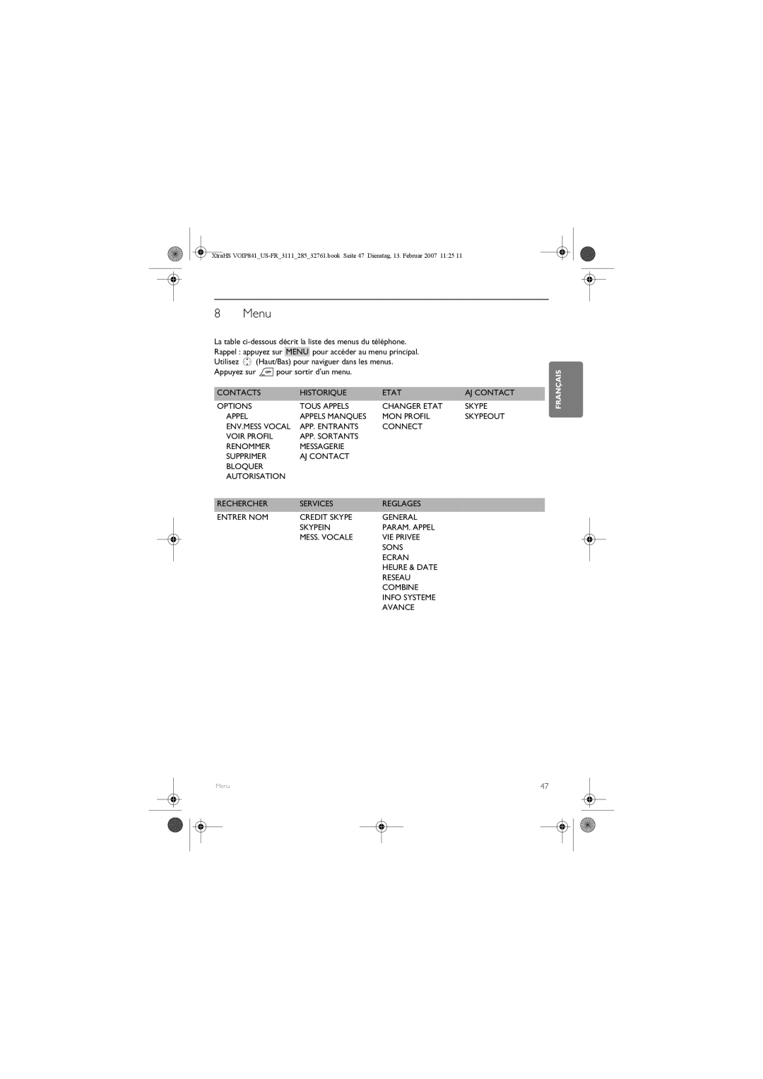 Philips VOIP841 manual Menu 