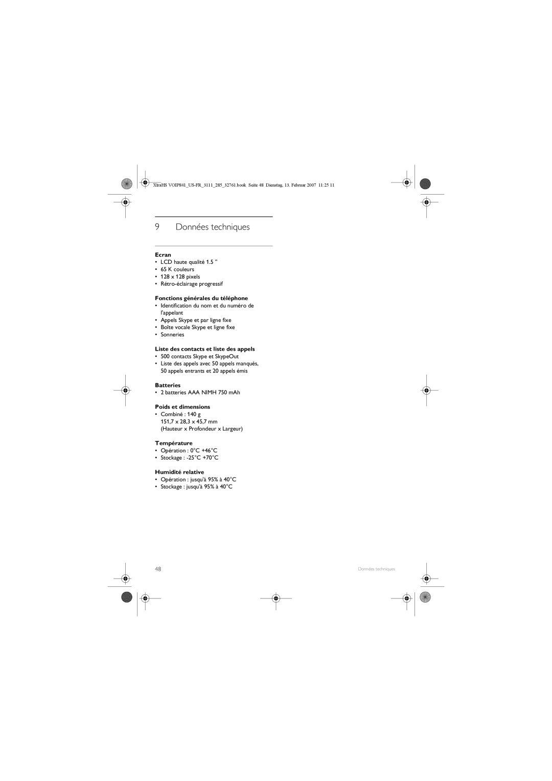 Philips VOIP841 manual Données techniques 