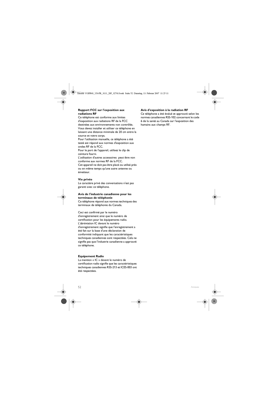 Philips VOIP841 manual Rapport FCC sur lexposition aux radiations RF, Vie privée, Avis dexposition à la radiation RF 