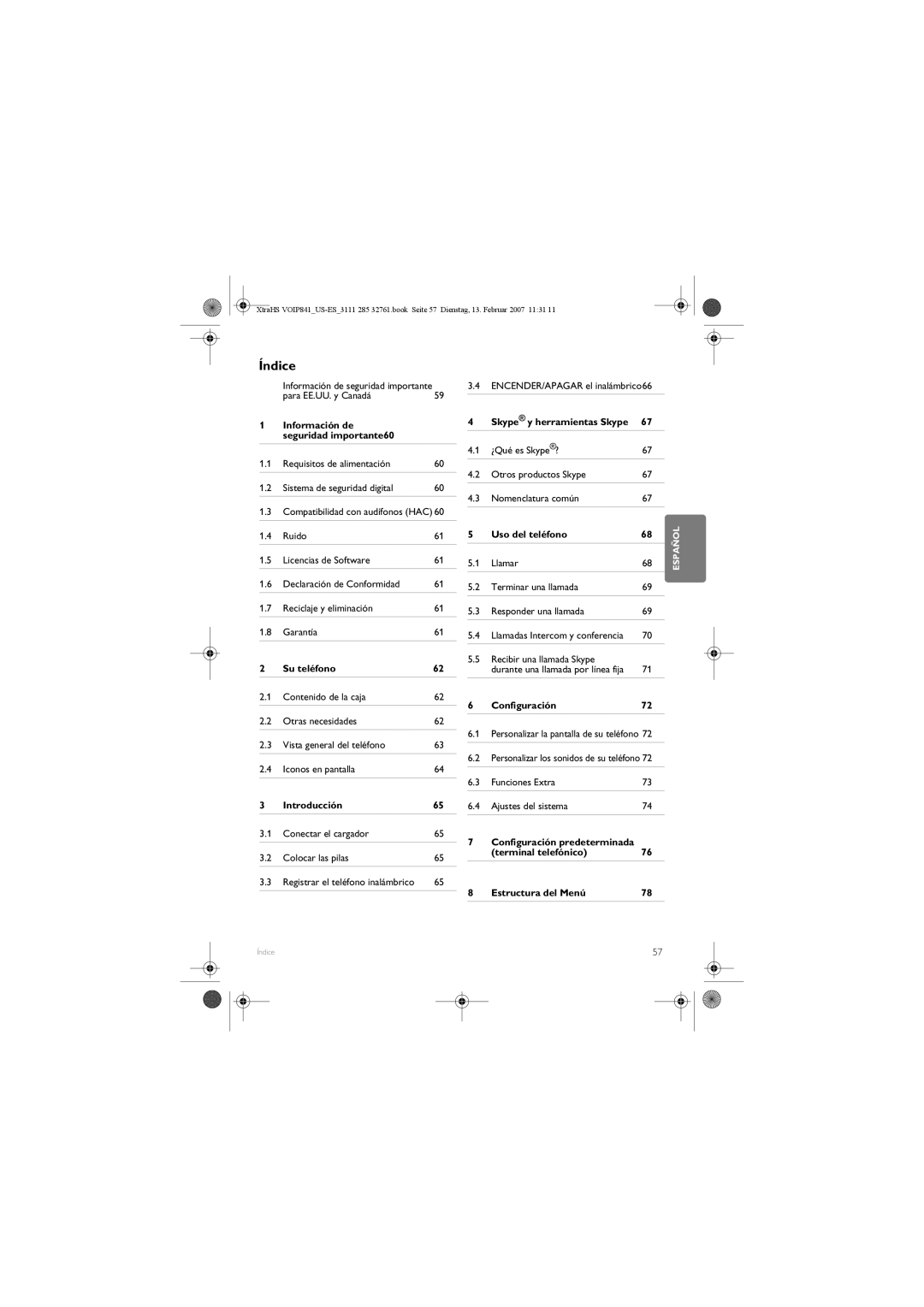 Philips VOIP841 manual Su teléfono, Uso del teléfono, Configuración, Introducción, Ajustes del sistema 