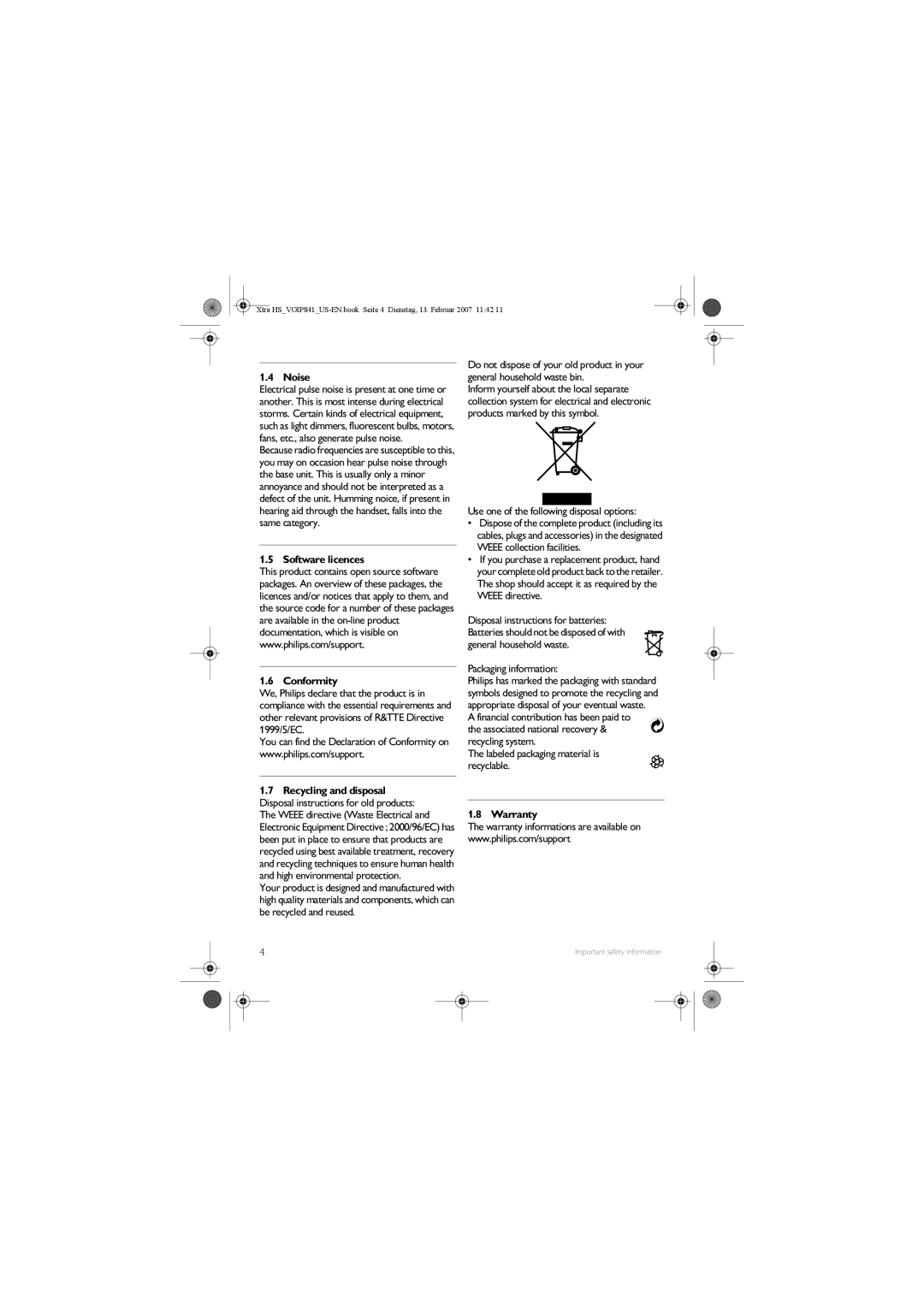 Philips VOIP841 Noise, Software licences Conformity, Use one of the following disposal options, Packaging information 