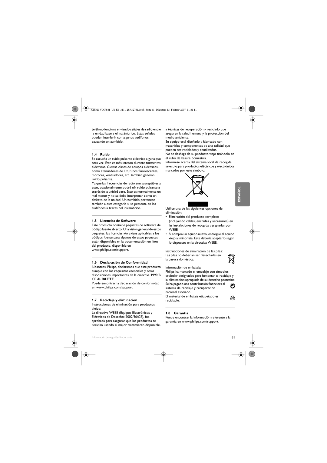 Philips VOIP841 manual Ruido, Licencias de Software, Reciclaje y eliminación, Garantía 