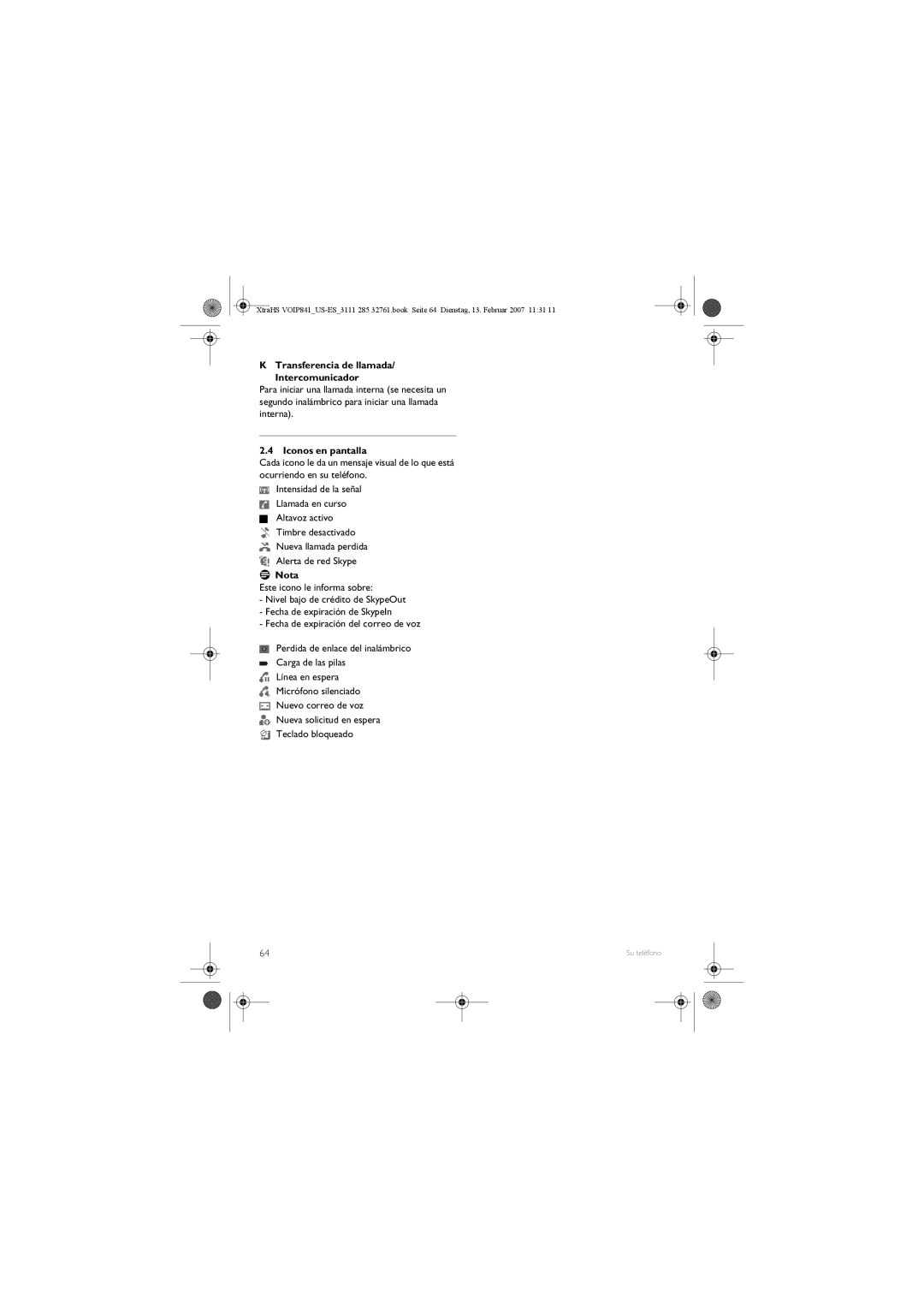 Philips VOIP841 manual Iconos en pantalla, Nota 