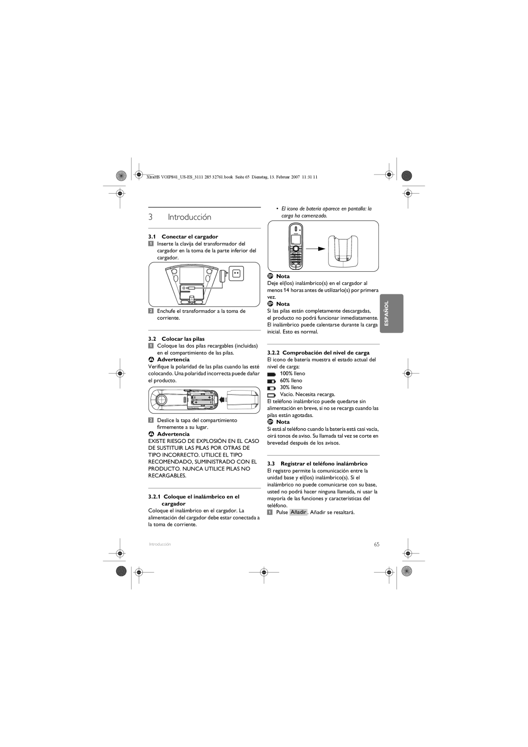 Philips VOIP841 manual Introducción, Conectar el cargador, Colocar las pilas, Coloque el inalámbrico en el cargador 