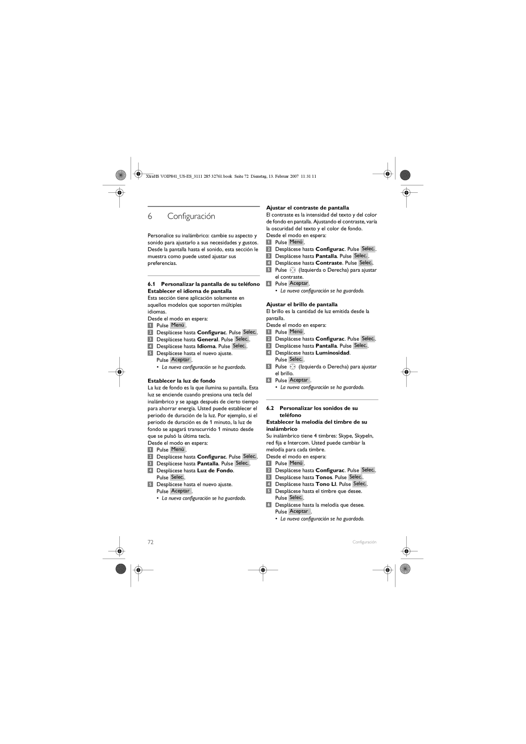 Philips VOIP841 Configuración, Establecer la luz de fondo, Ajustar el contraste de pantalla, Ajustar el brillo de pantalla 