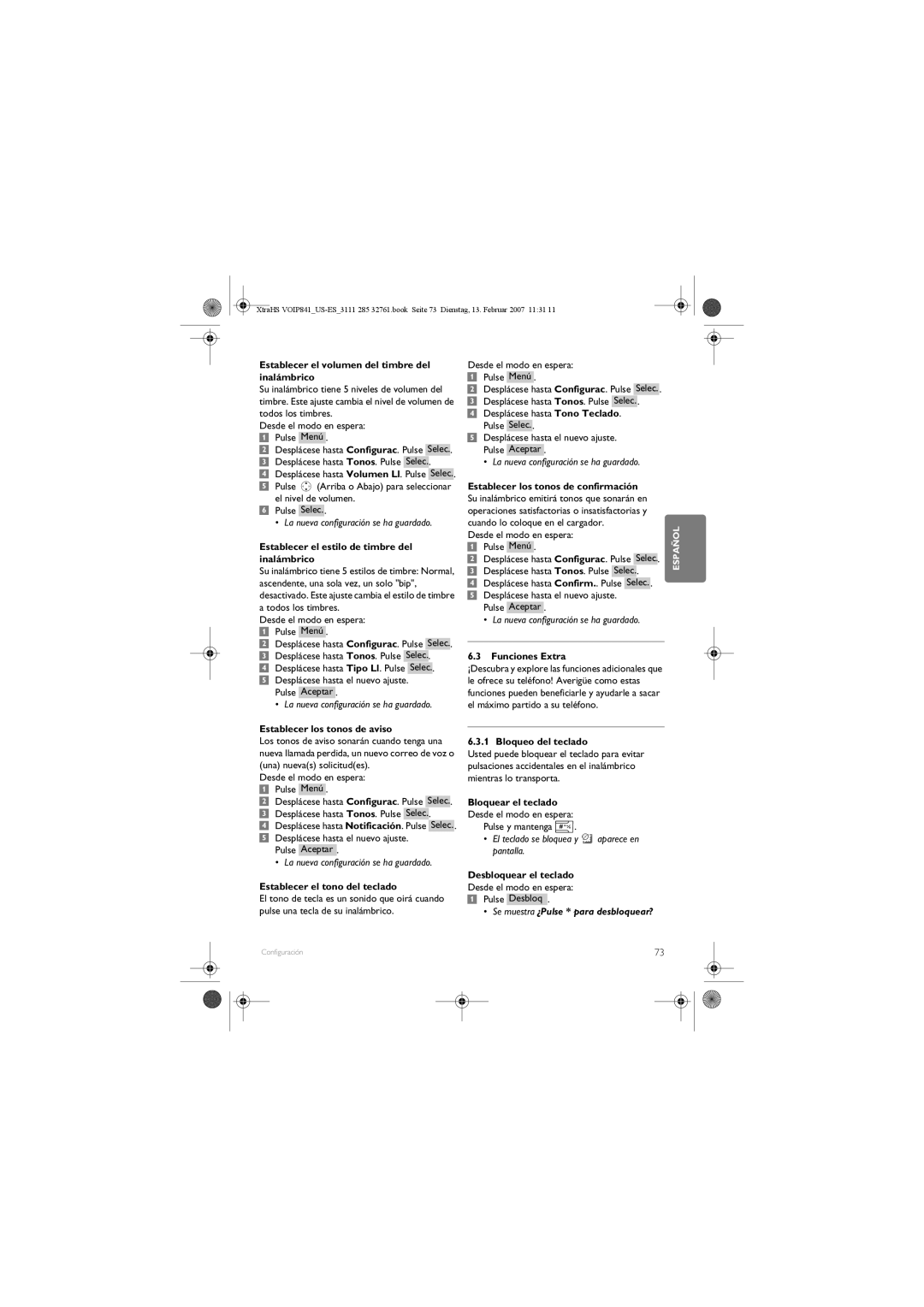 Philips VOIP841 manual Establecer el volumen del timbre del inalámbrico, Establecer el estilo de timbre del inalámbrico 