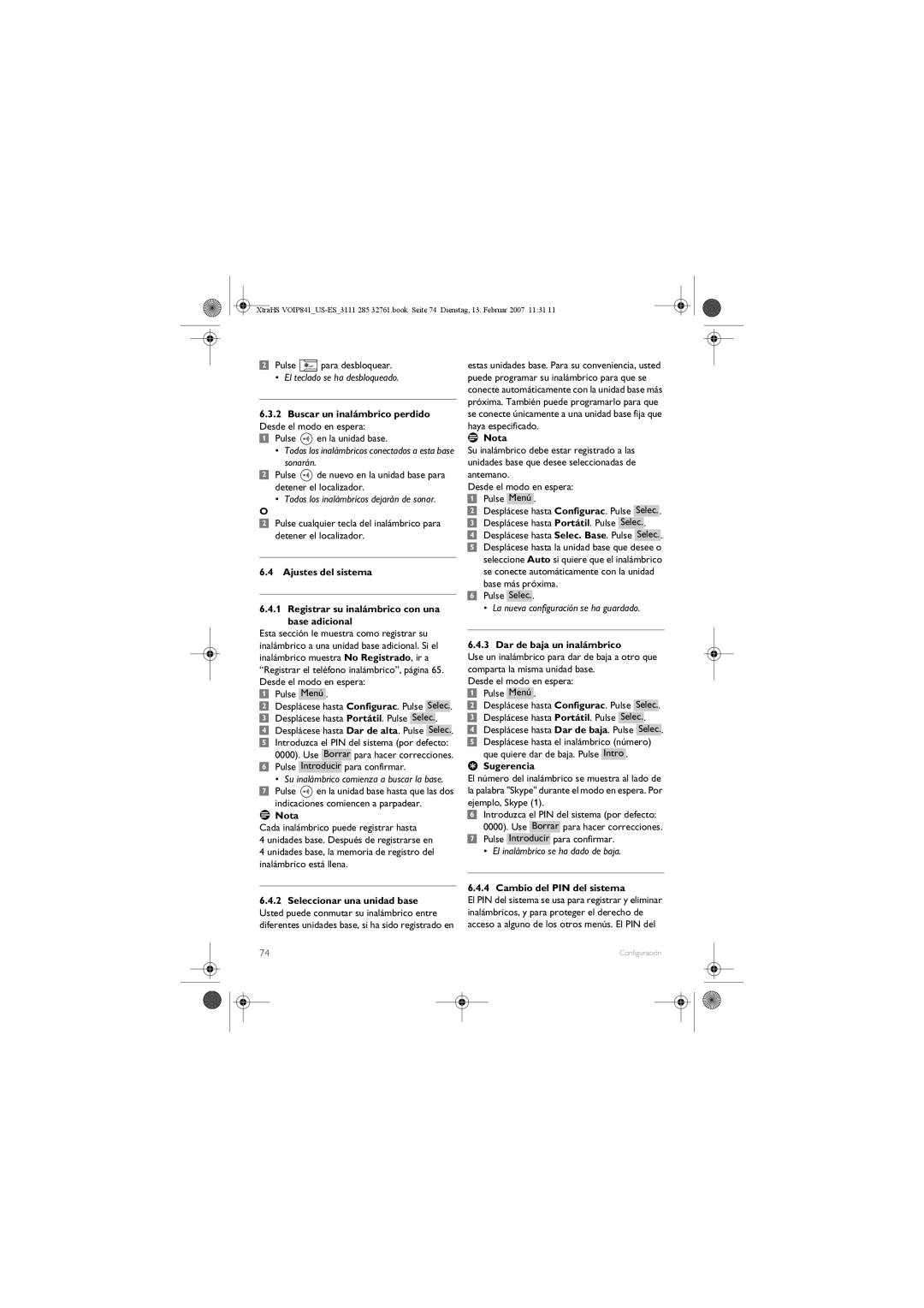 Philips VOIP841 manual Buscar un inalámbrico perdido, Dar de baja un inalámbrico, Cambio del PIN del sistema 