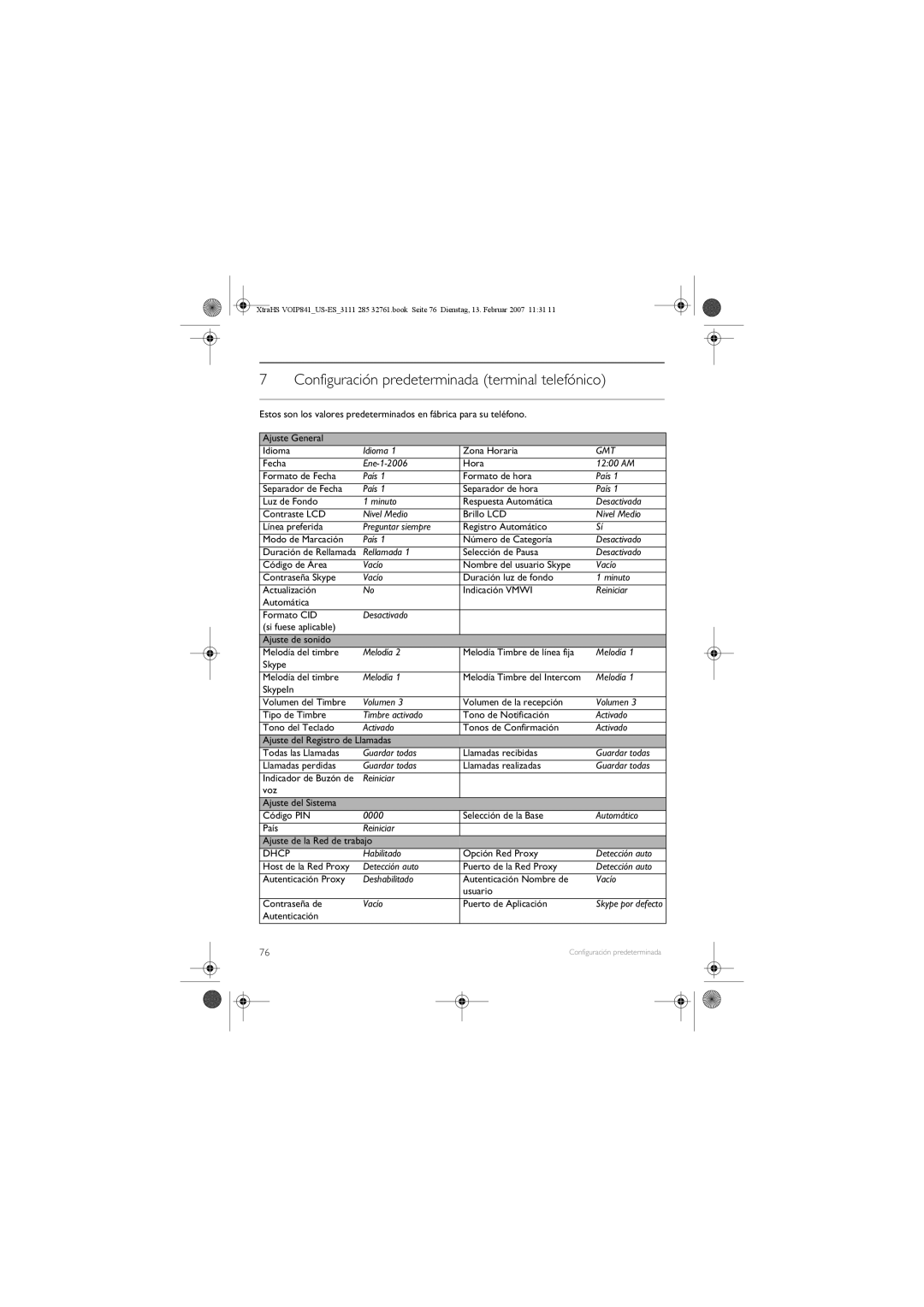 Philips VOIP841 manual Configuración predeterminada terminal telefónico 