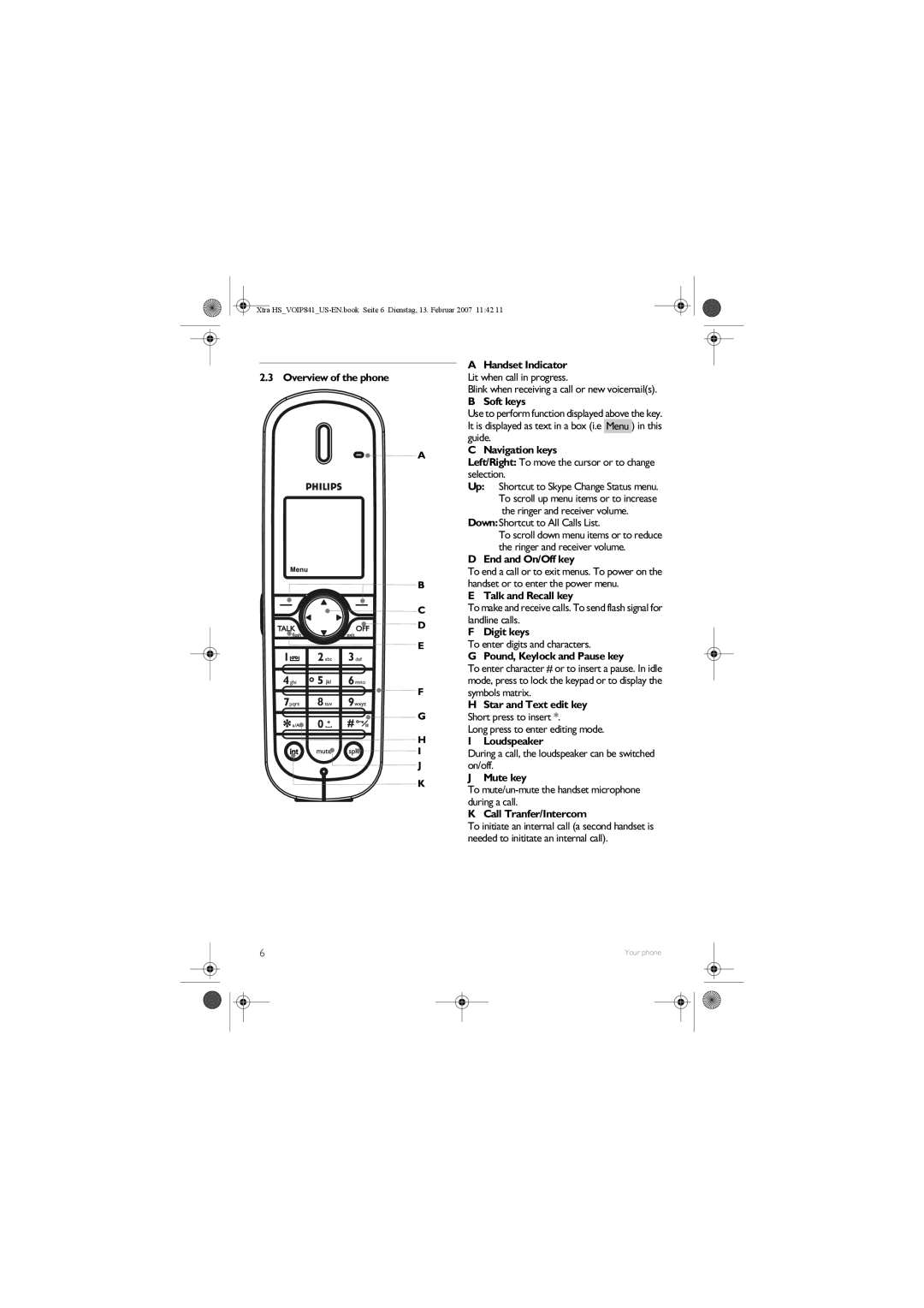 Philips VOIP841 Handset Indicator, Overview of the phone Lit when call in progress, Soft keys, Menu, Guide Navigation keys 