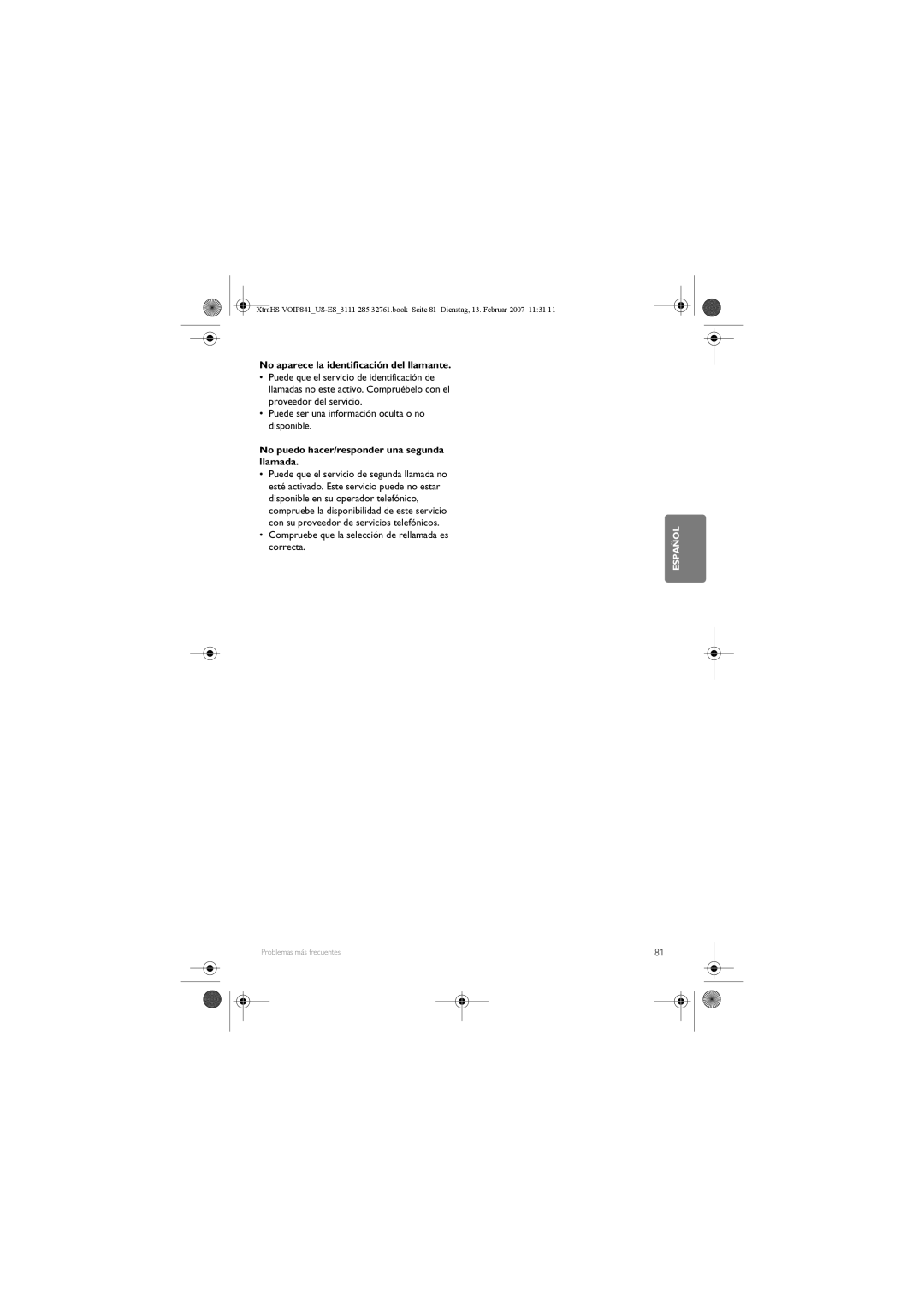 Philips VOIP841 manual No aparece la identificación del llamante, Puede ser una información oculta o no disponible 