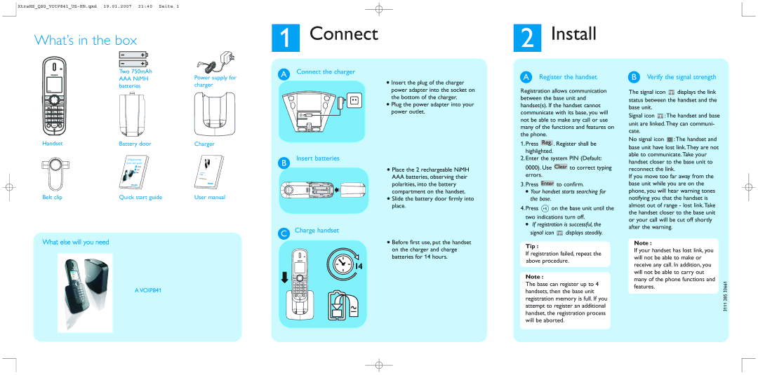 Philips VOIP8410 quick start Connect, Install 