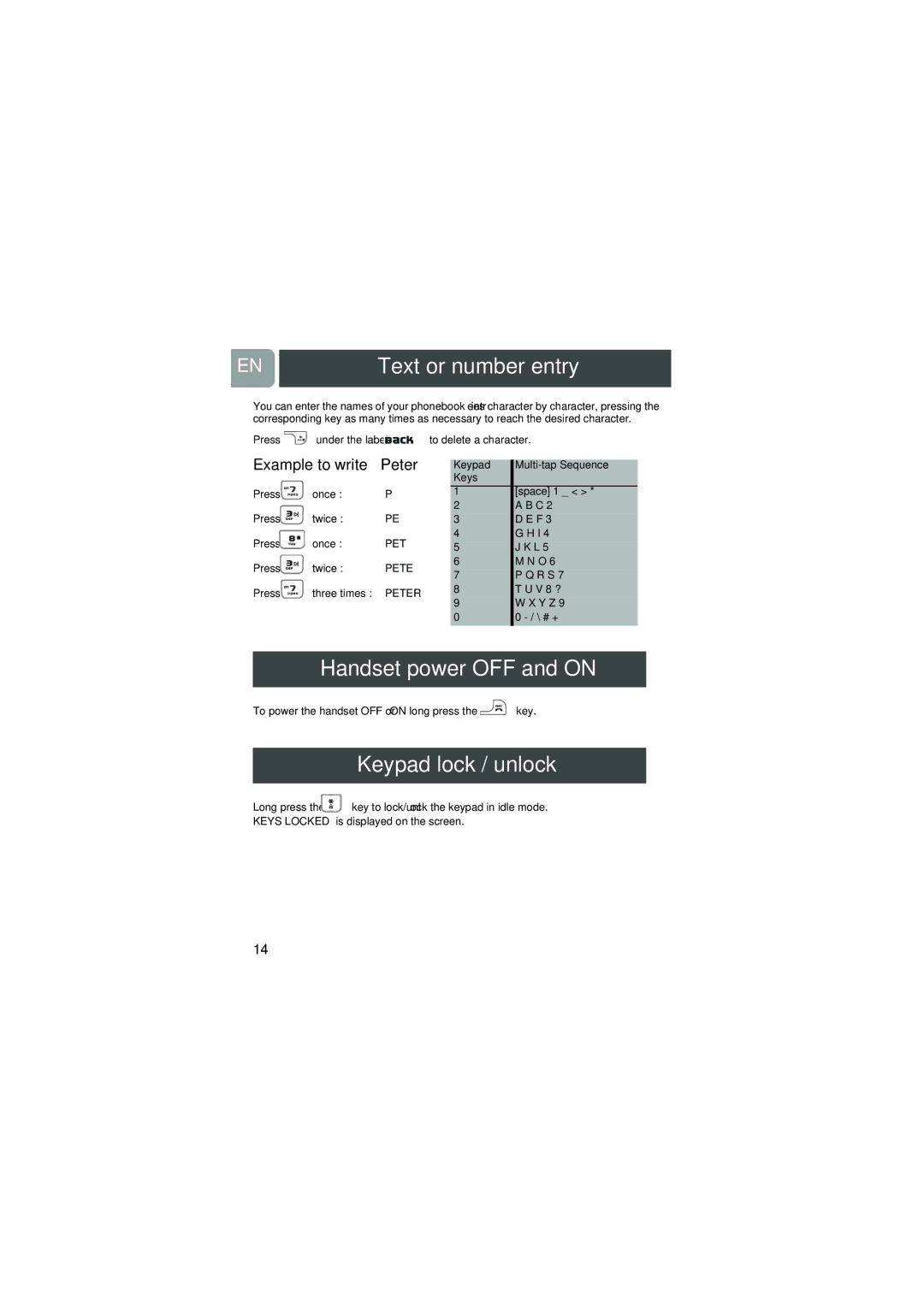 Philips VOX300 user manual Text or number entry, Handset power OFF and on, Keypad lock / unlock, Example to write Peter 