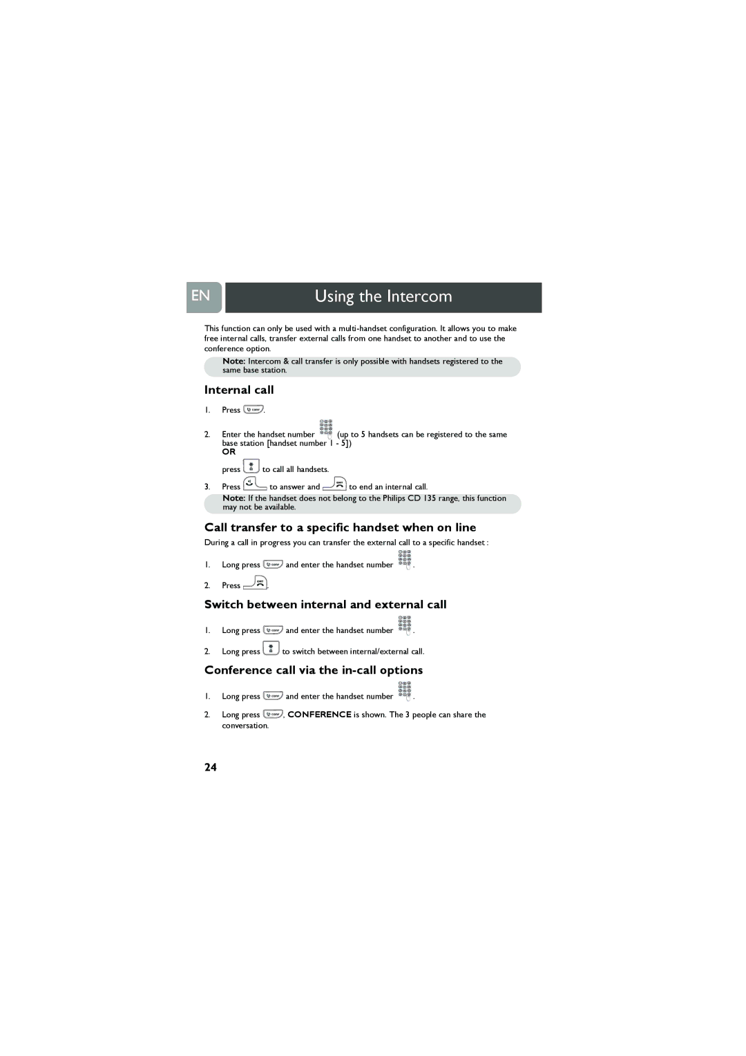 Philips VOX300 user manual Using the Intercom, Internal call, Call transfer to a specific handset when on line 