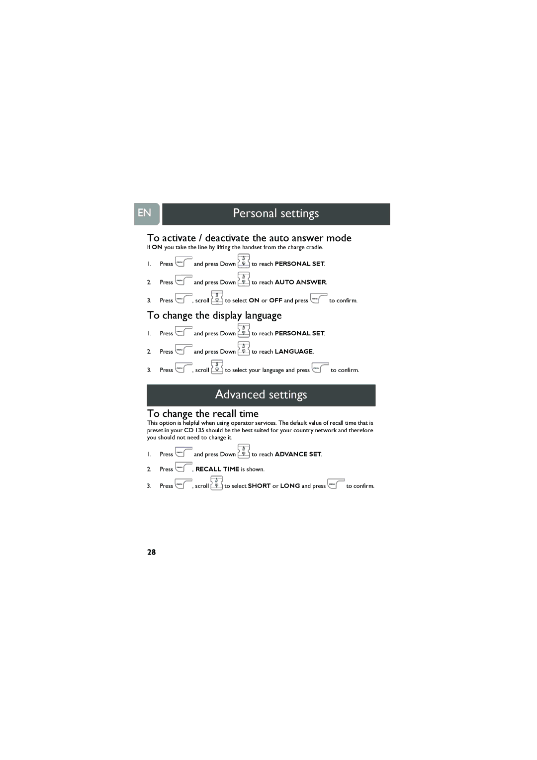 Philips VOX300 user manual Advanced settings, To activate / deactivate the auto answer mode, To change the display language 