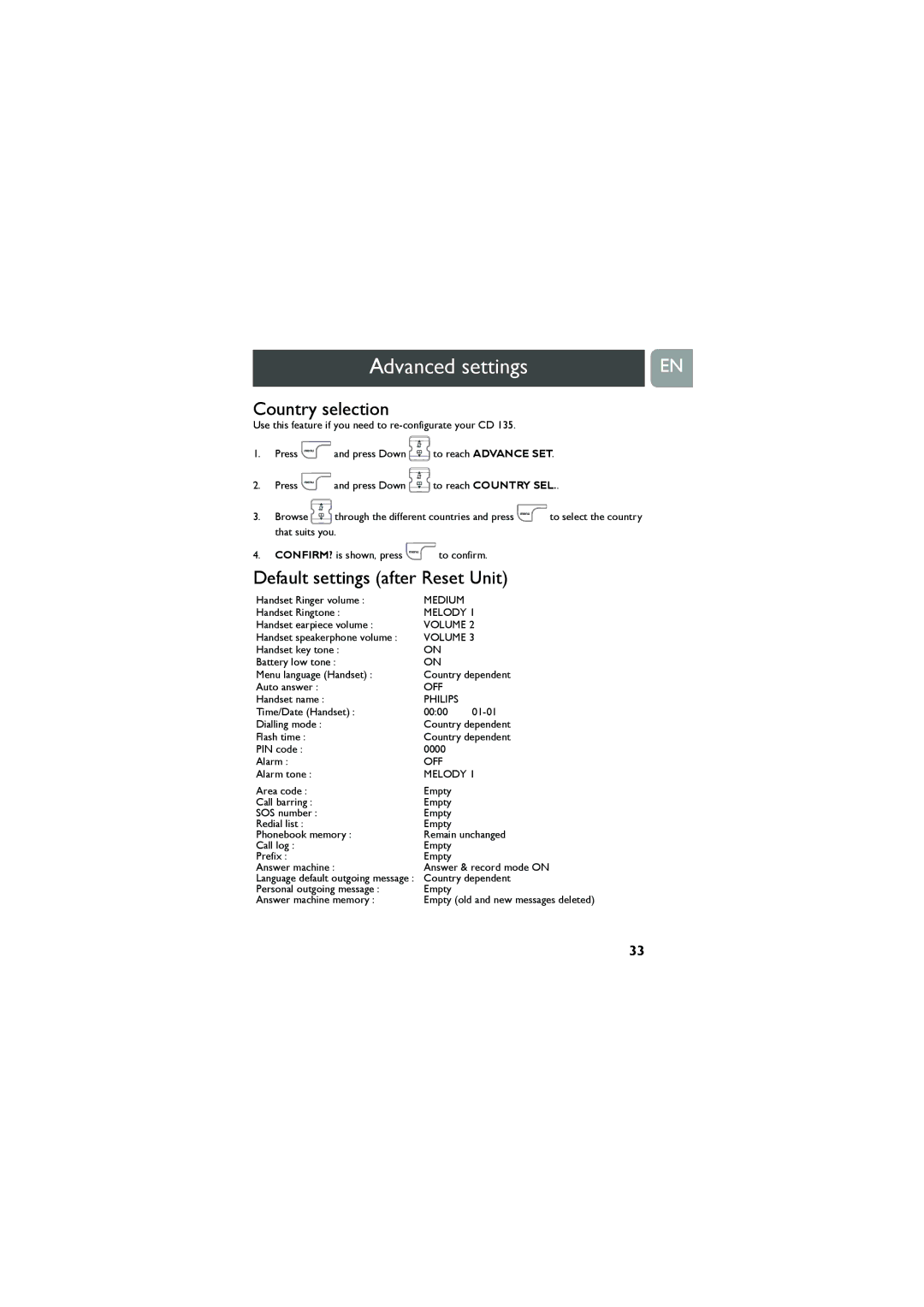 Philips VOX300 user manual Country selection, Default settings after Reset Unit 