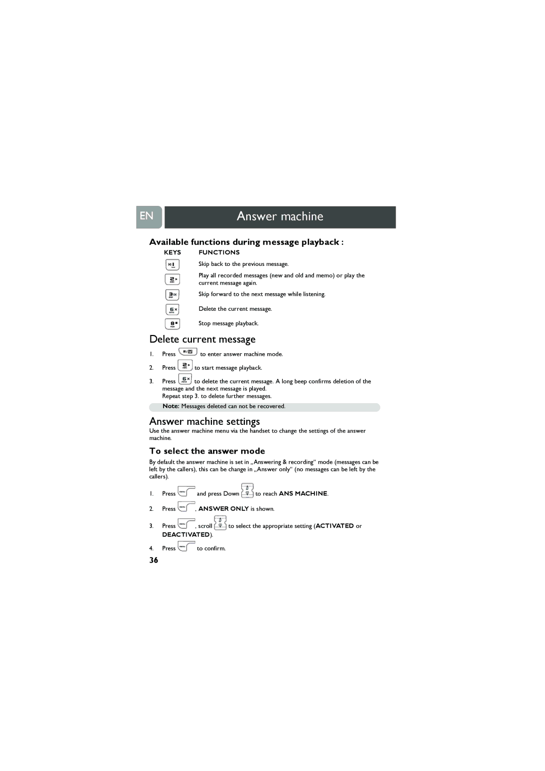 Philips VOX300 user manual Delete current message, Answer machine settings, Available functions during message playback 