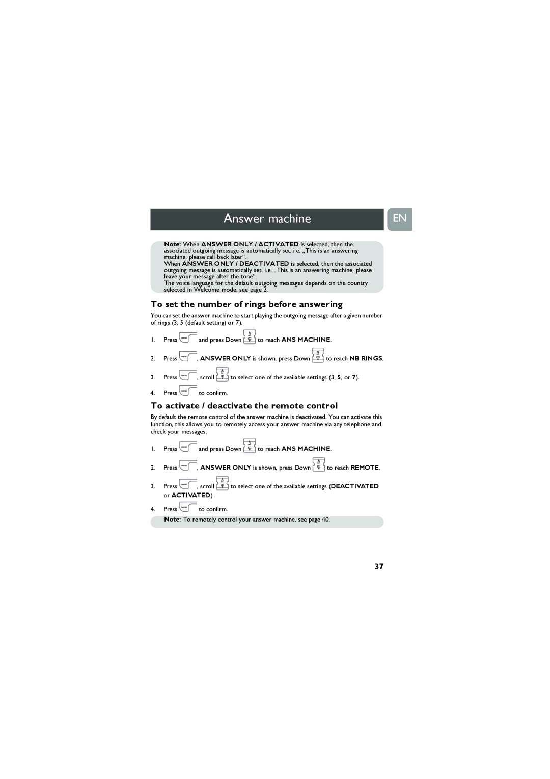 Philips VOX300 user manual To set the number of rings before answering, To activate / deactivate the remote control 