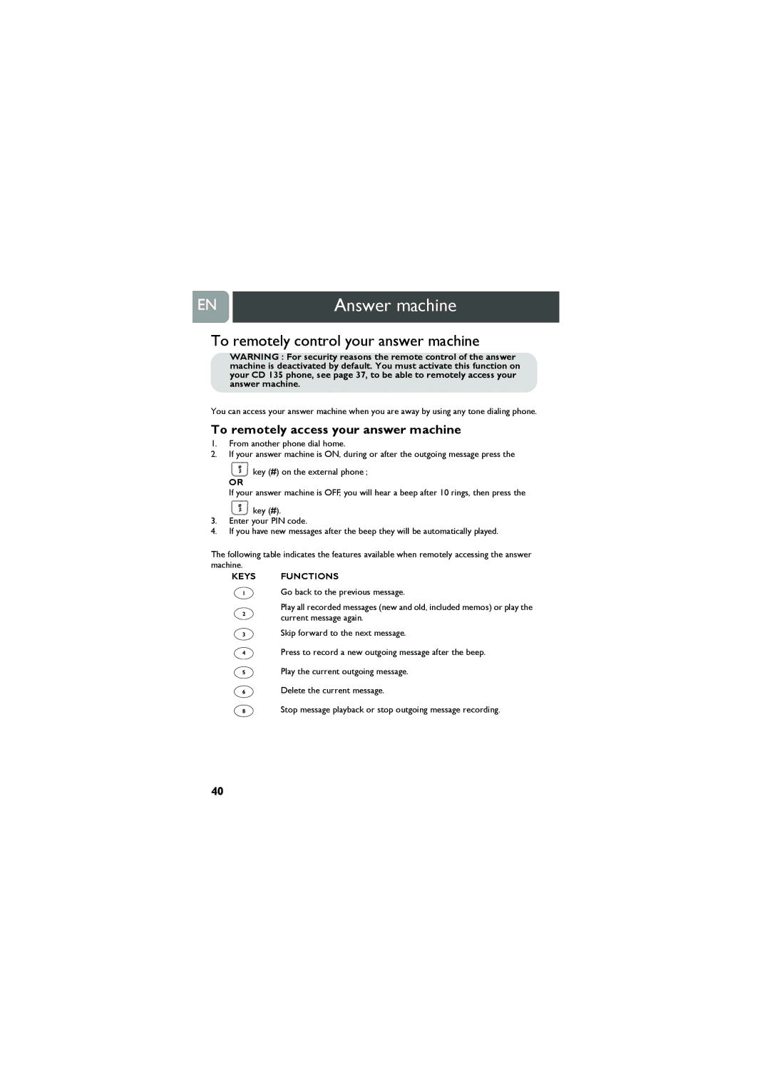 Philips VOX300 user manual To remotely control your answer machine, To remotely access your answer machine 