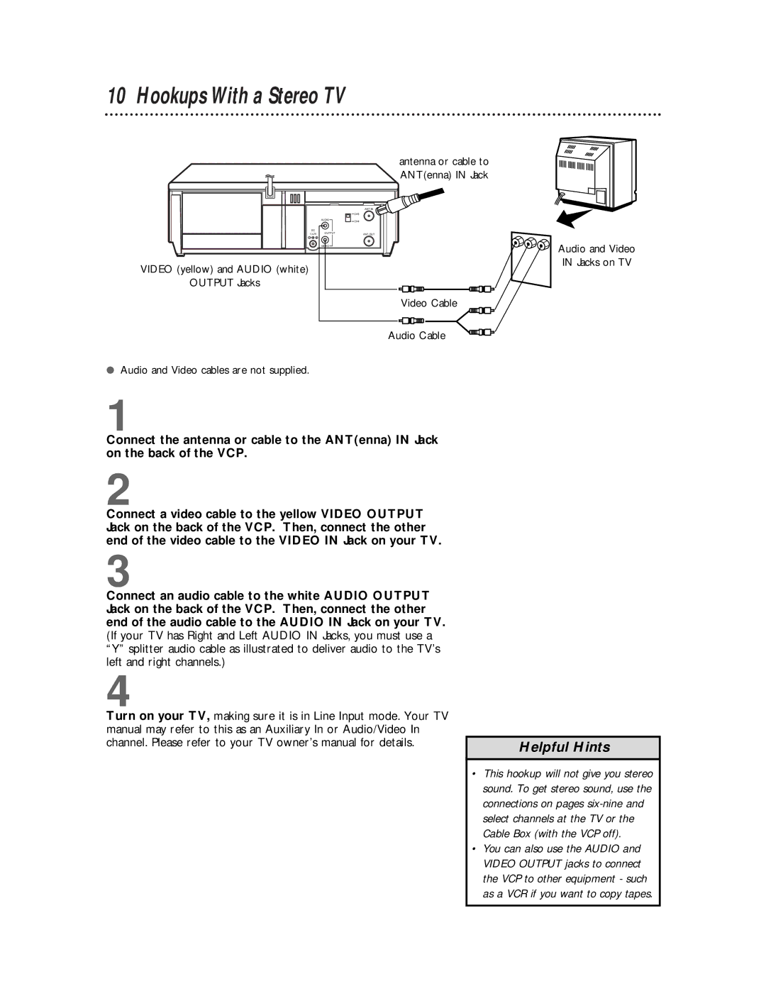 Philips VP115CAT owner manual Hookups With a Stereo TV, Cable Box with the VCP off 