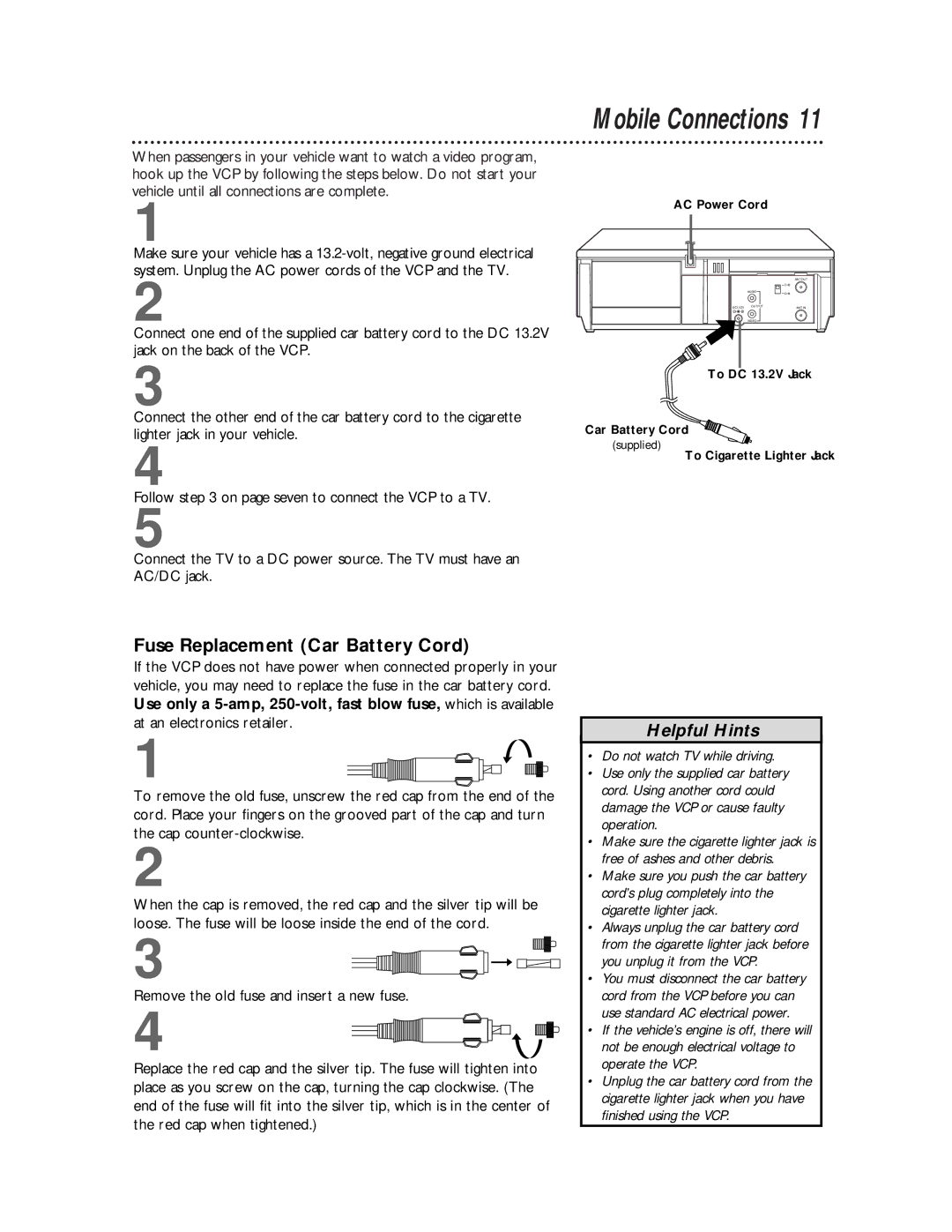 Philips VP115CAT owner manual Mobile Connections, Fuse Replacement Car Battery Cord 