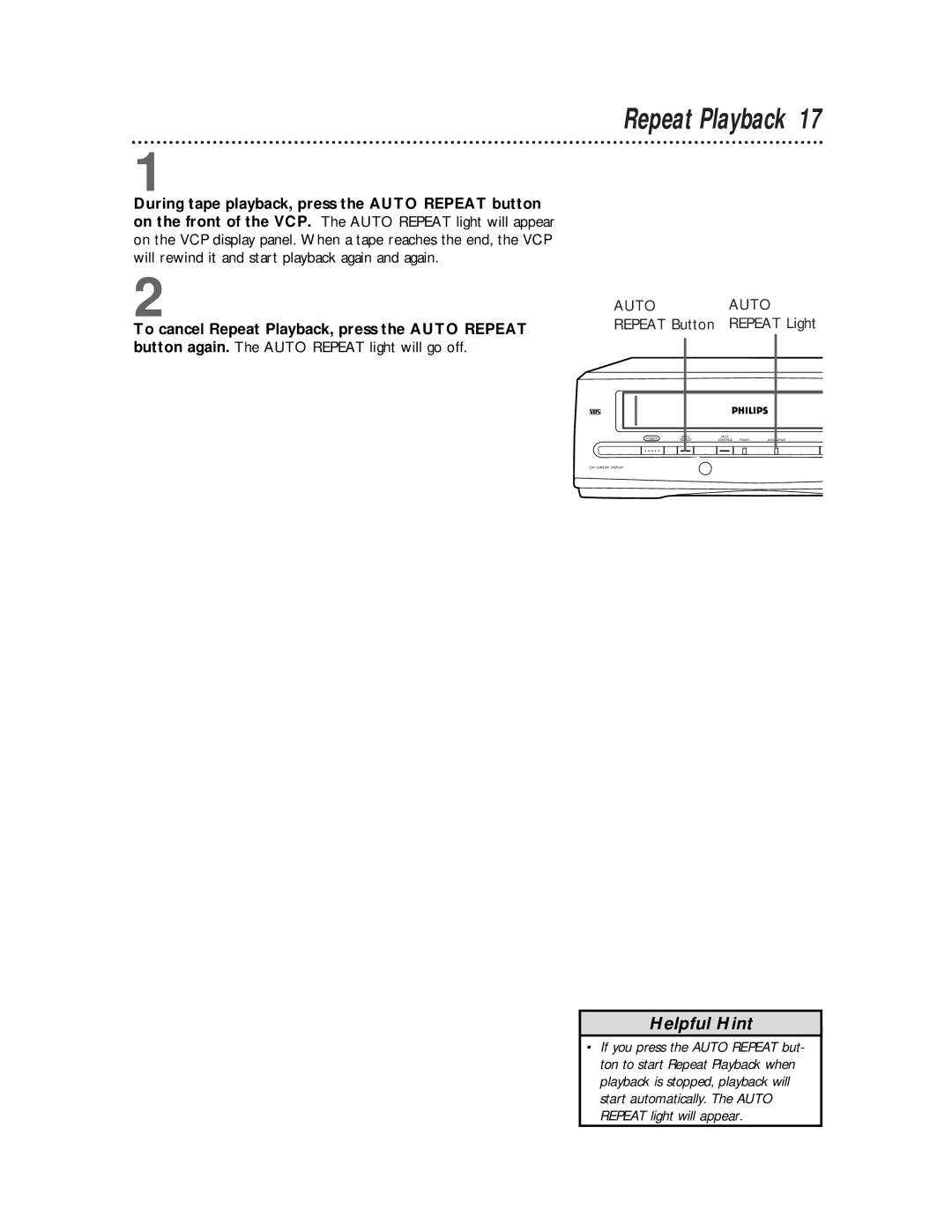 Philips VP115CAT owner manual Repeat Playback 