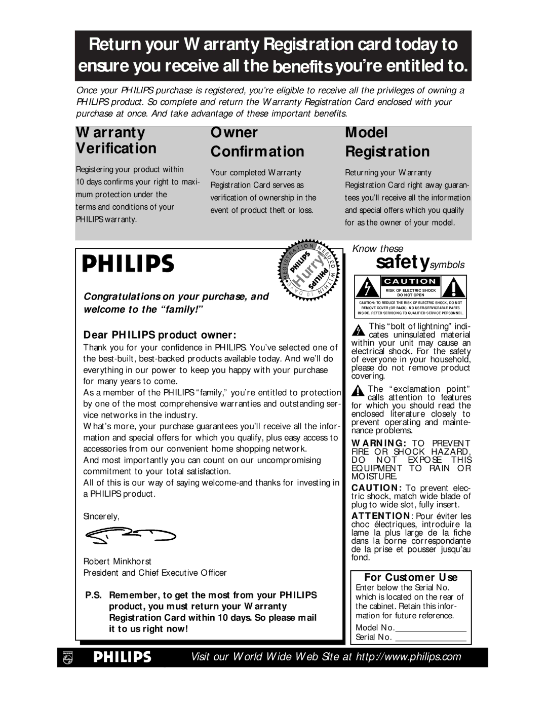 Philips VP115CAT owner manual Dear Philips product owner, For Customer Use 