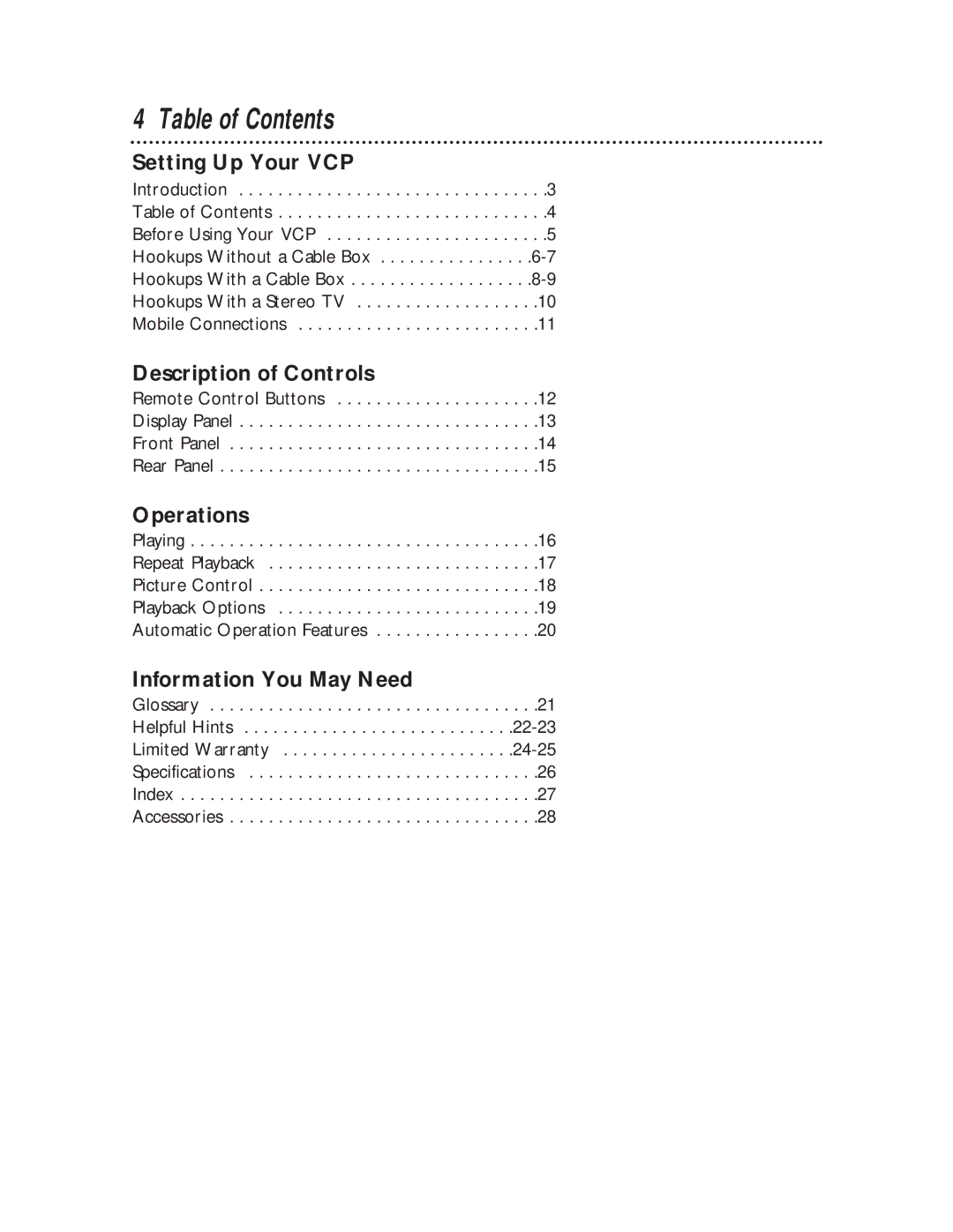 Philips VP115CAT owner manual Table of Contents 