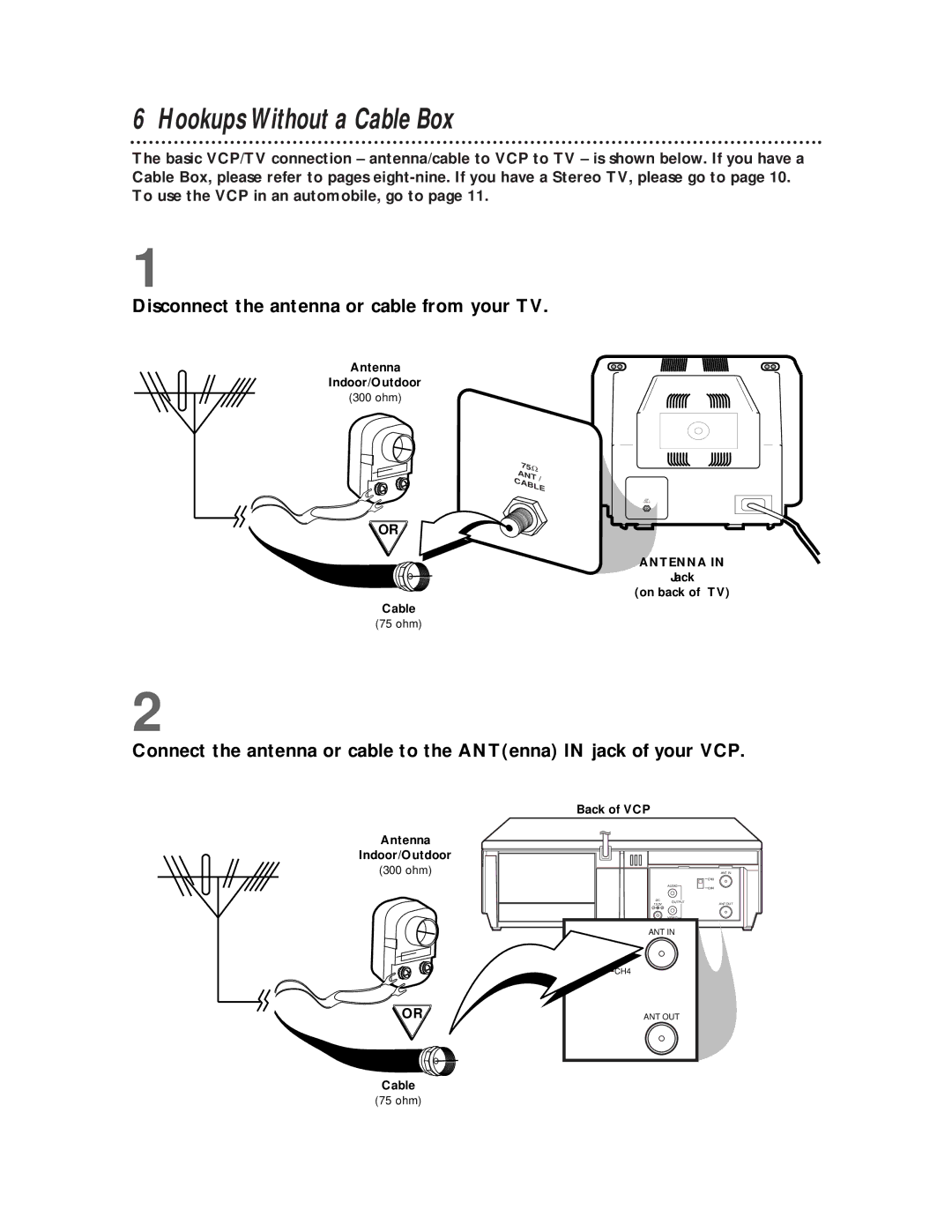 Philips VP115CAT owner manual Hookups Without a Cable Box, Disconnect the antenna or cable from your TV 