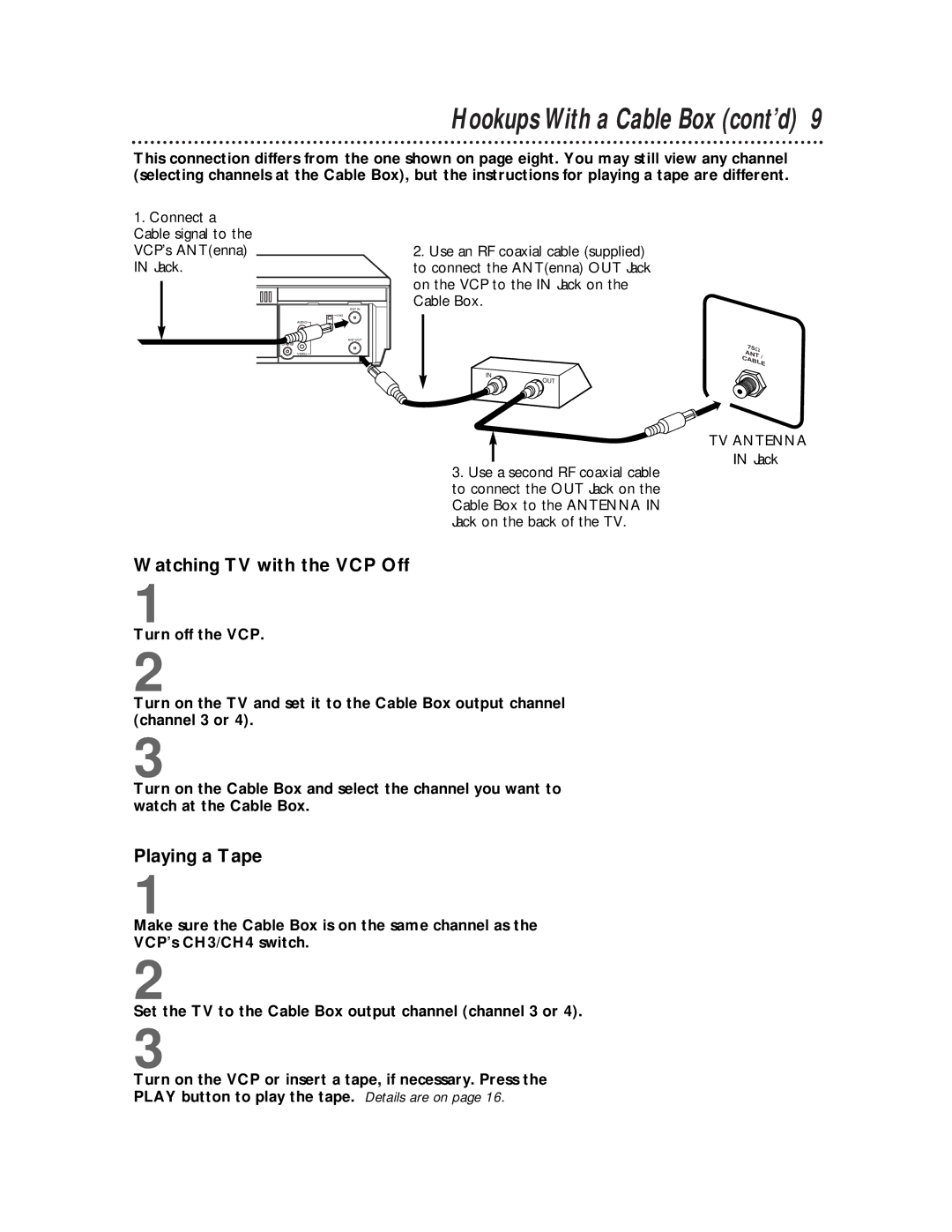 Philips VP115CAT owner manual Hookups With a Cable Box cont’d, TV Antenna 