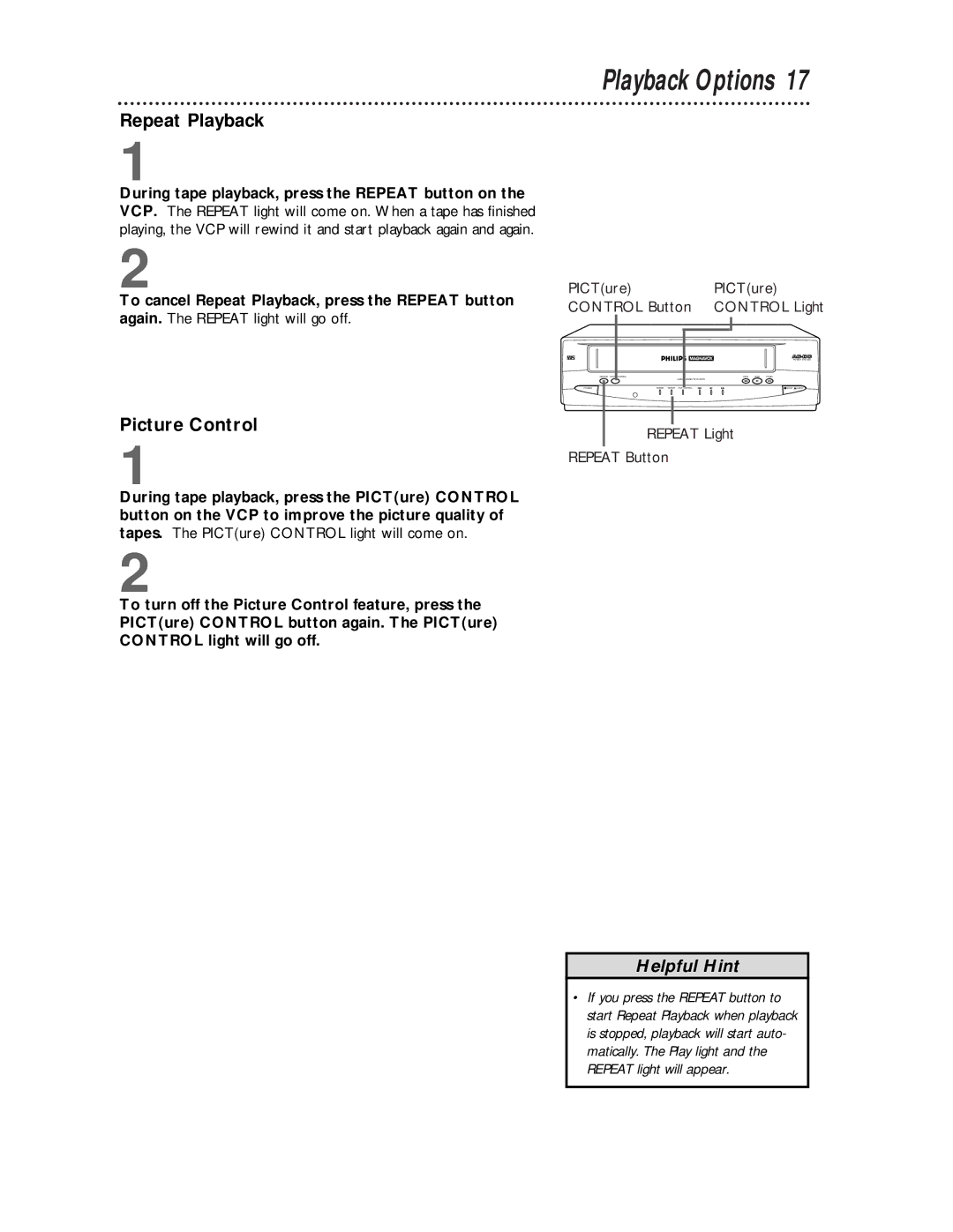 Philips VPA115AT owner manual Playback Options, Repeat Playback, Picture Control 