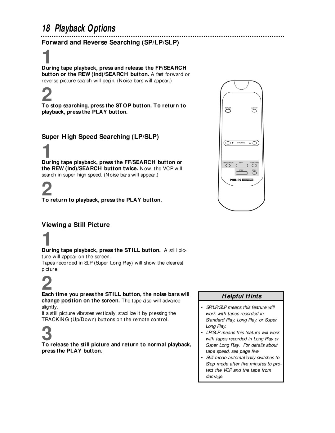 Philips VPA115AT Forward and Reverse Searching SP/LP/SLP, Super High Speed Searching LP/SLP, Viewing a Still Picture 