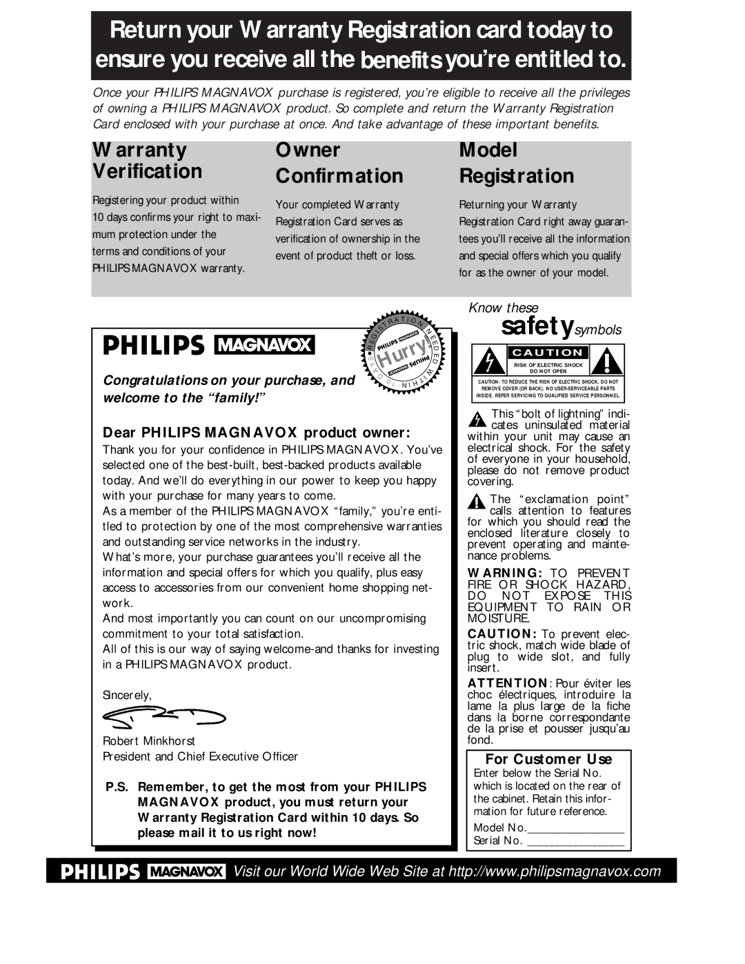 Philips VPA115AT owner manual Dear Philips Magnavox product owner, For Customer Use 