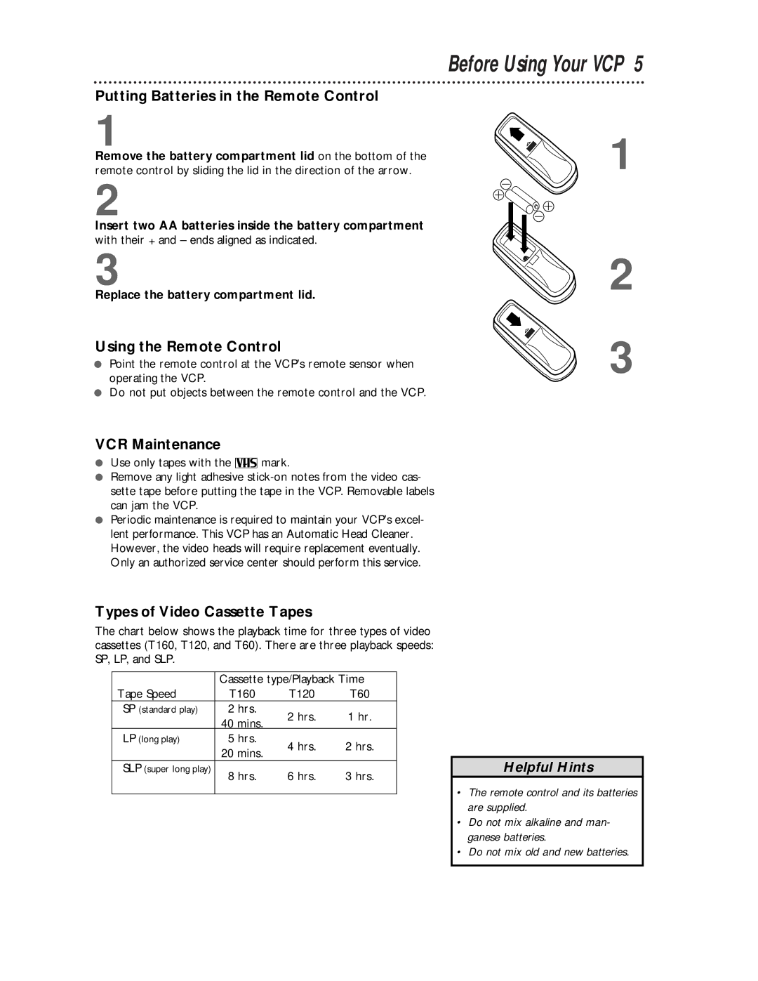 Philips VPA115AT Before Using Your VCP, Putting Batteries in the Remote Control, Using the Remote Control, VCR Maintenance 