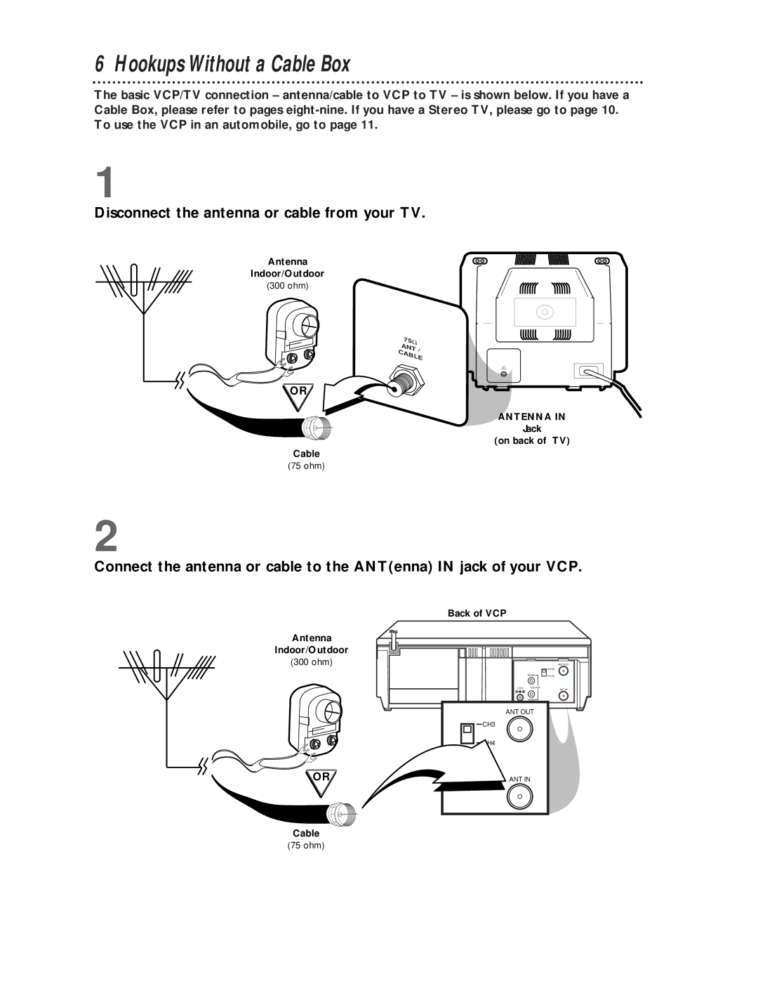 Philips VPA115AT owner manual Hookups Without a Cable Box, Disconnect the antenna or cable from your TV 