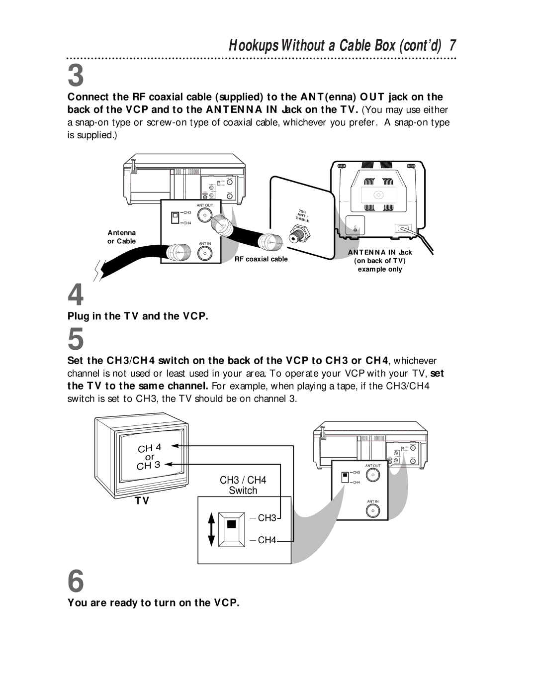 Philips VPA115AT Hookups Without a Cable Box cont’d, Plug in the TV and the VCP, You are ready to turn on the VCP 