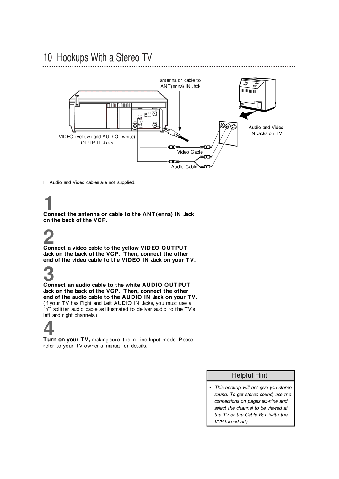 Philips VPA115BL, VPA115PR owner manual Hookups With a Stereo TV, Helpful Hint 