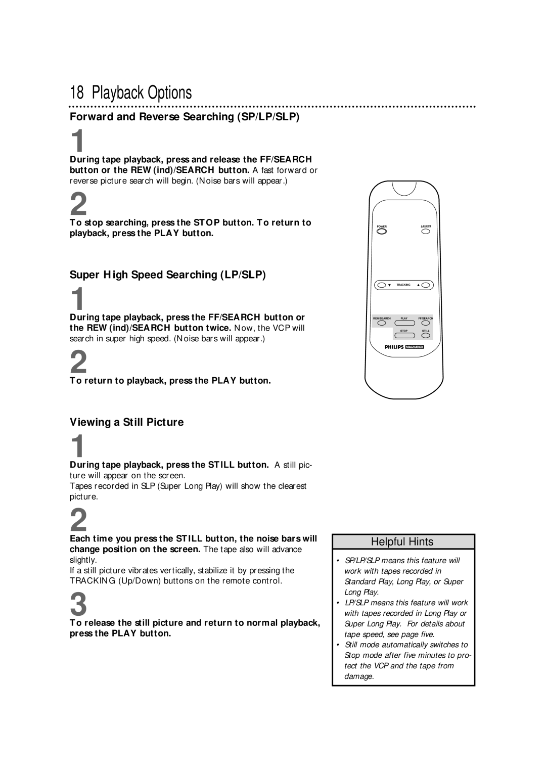 Philips VPA115BL Forward and Reverse Searching SP/LP/SLP, Super High Speed Searching LP/SLP, Viewing a Still Picture 