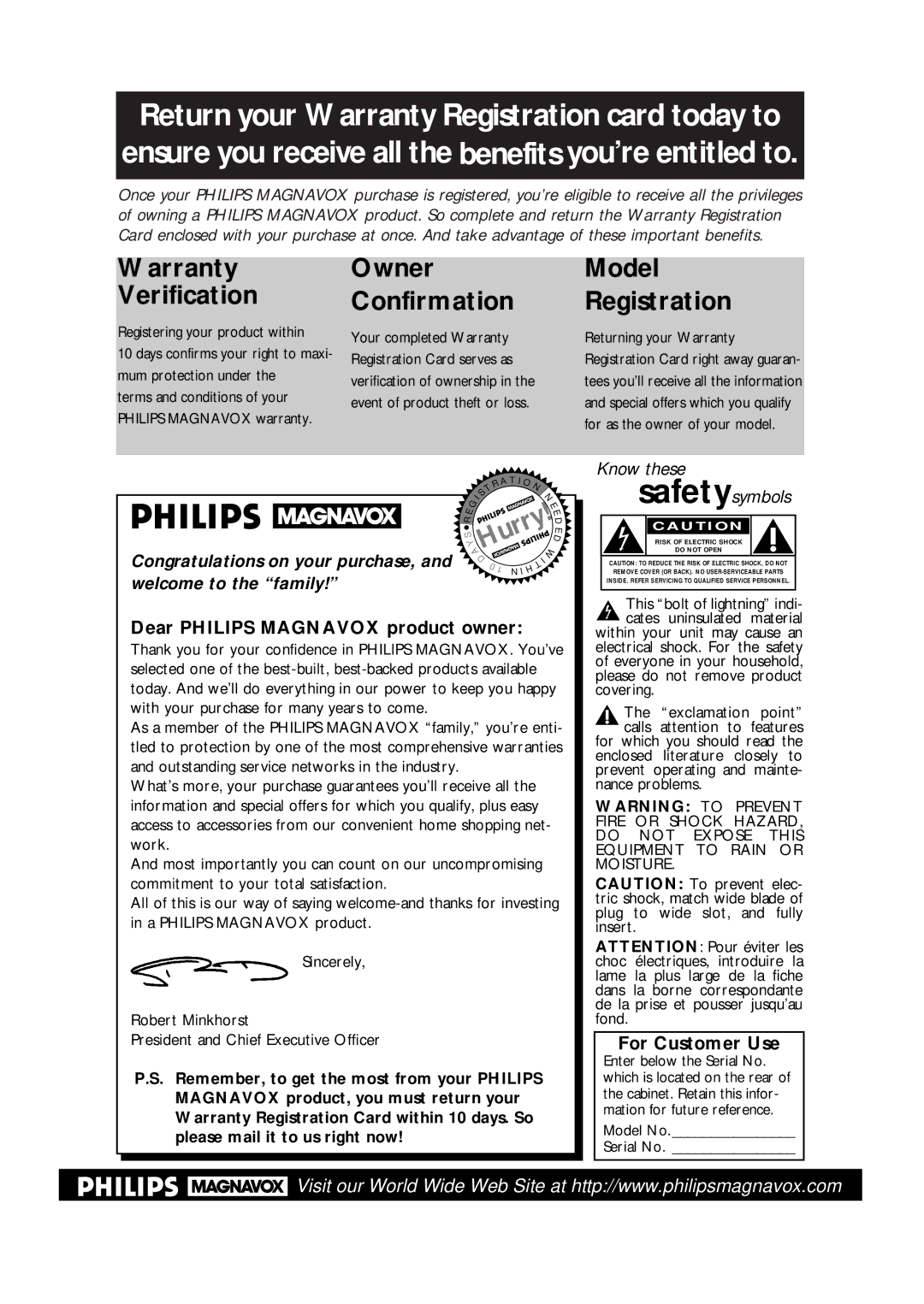 Philips VPA115BL, VPA115PR owner manual Dear Philips Magnavox product owner, For Customer Use, Model No Serial No 