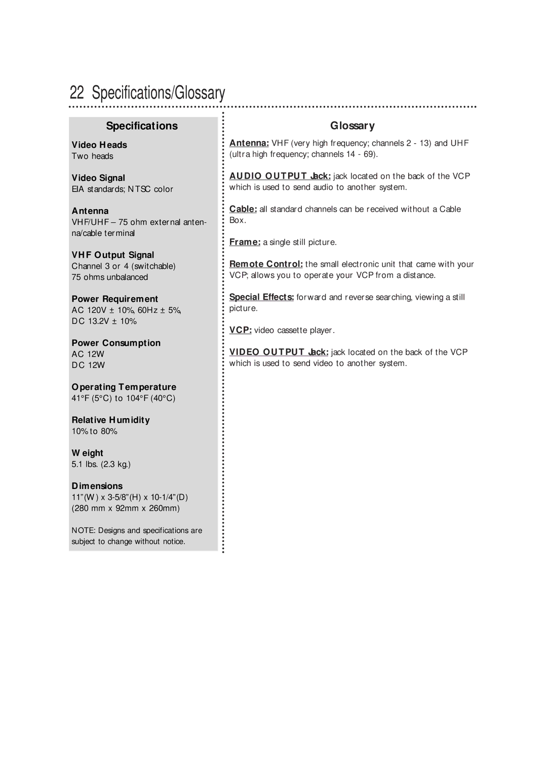 Philips VPA115BL, VPA115PR owner manual Specifications/Glossary 