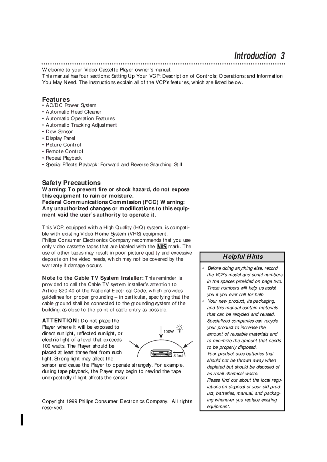 Philips VPA115PR, VPA115BL owner manual Introduction, Features, Safety Precautions, Direct sunlight, reflected sunlight, or 