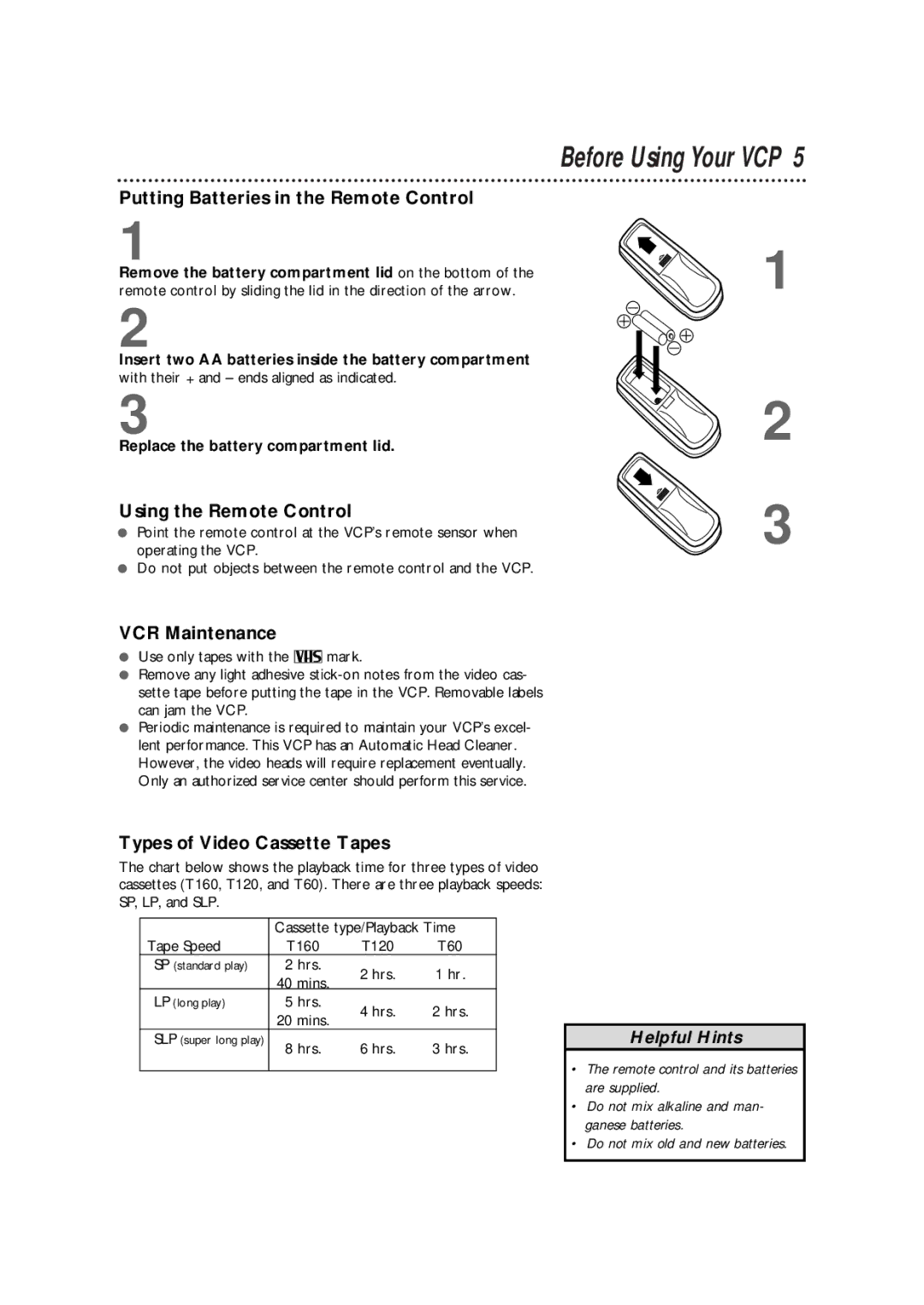 Philips VPA115PR Before Using Your VCP, Putting Batteries in the Remote Control, Using the Remote Control, VCR Maintenance 