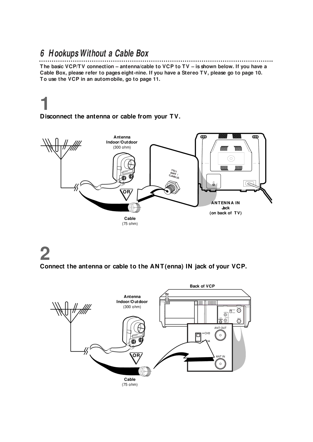 Philips VPA115BL, VPA115PR owner manual Hookups Without a Cable Box, Disconnect the antenna or cable from your TV 