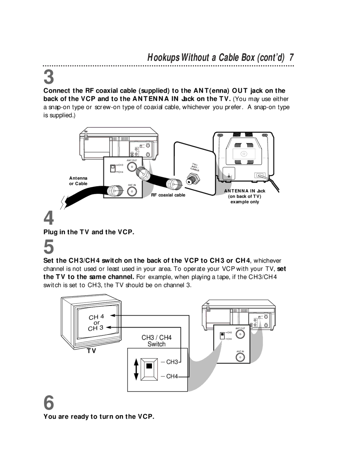 Philips VPA115PR Hookups Without a Cable Box cont’d, Plug in the TV and the VCP, You are ready to turn on the VCP 