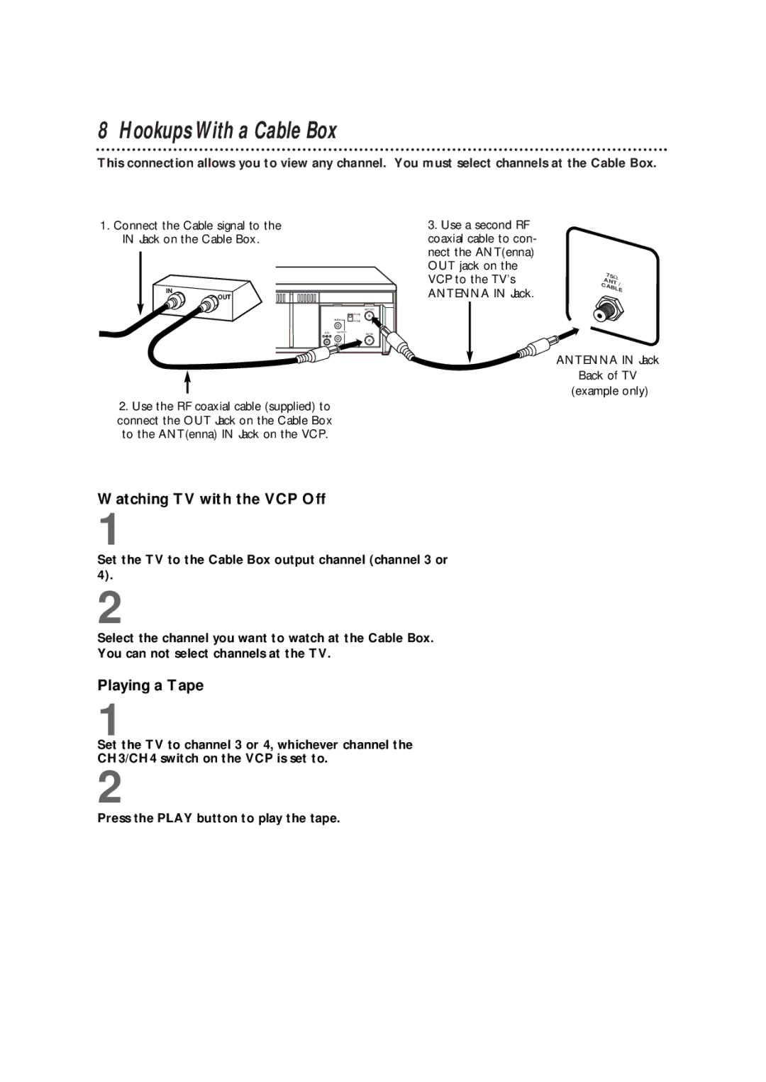 Philips VPA115BL Hookups With a Cable Box, Watching TV with the VCP Off, Playing a Tape, VCP to the TV’s, Antenna in Jack 