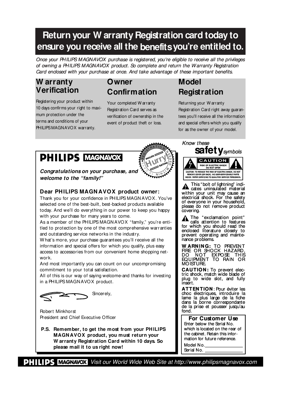 Philips VPA115BL Dear PHILIPS MAGNAVOX product owner, For Customer Use, Warranty Verification, Model Registration, AHurry 