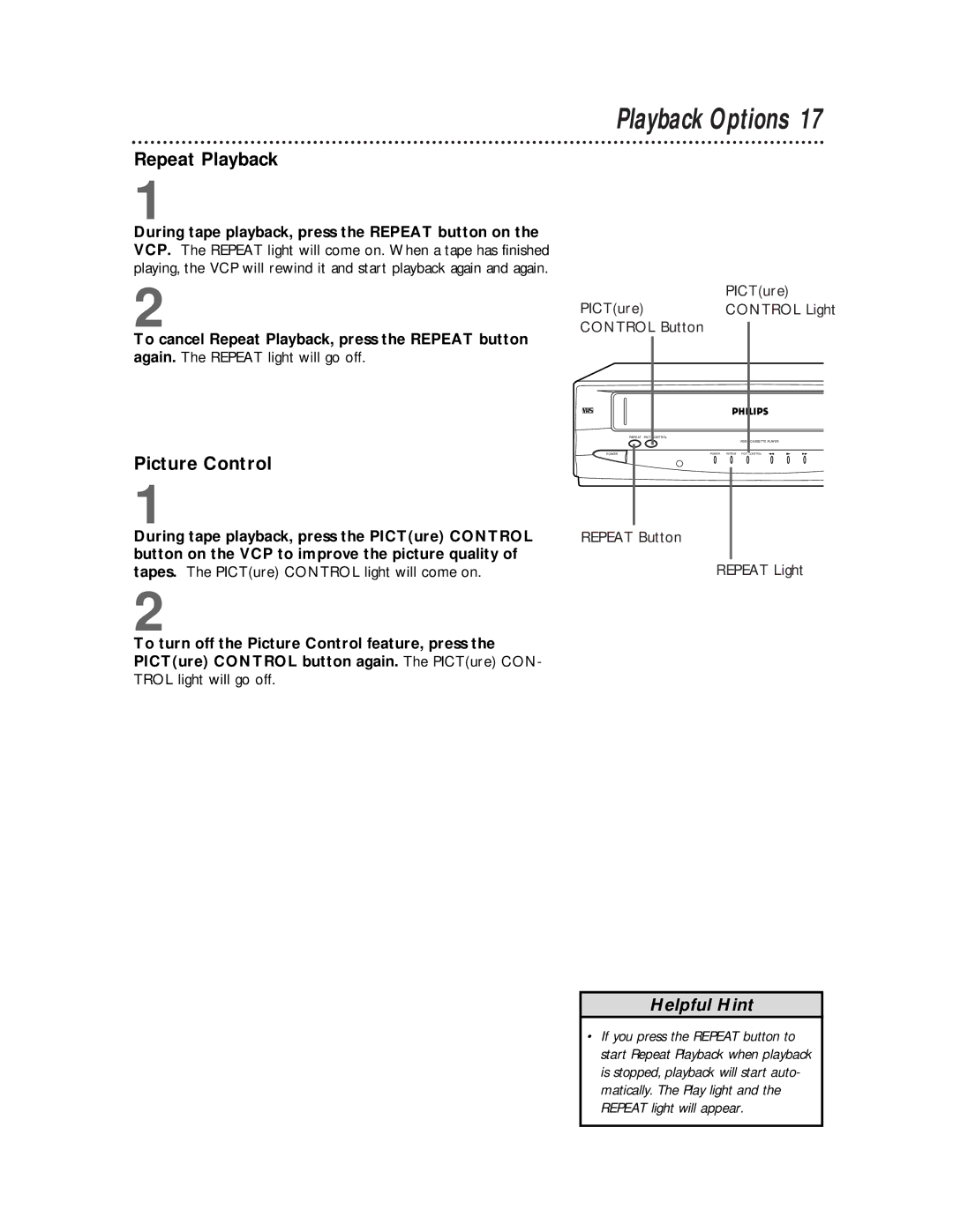 Philips VPB115AT owner manual Repeat Playback, Picture Control 