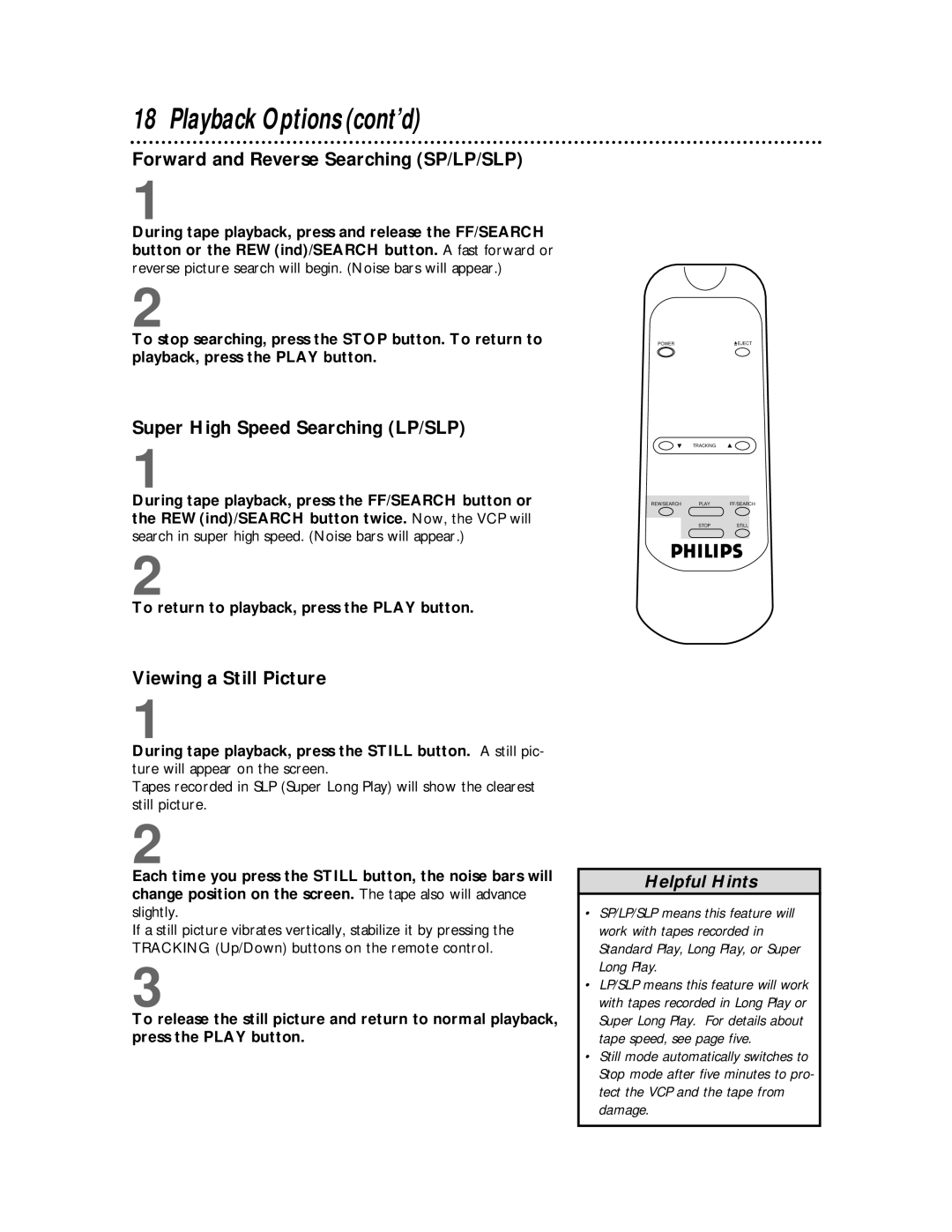 Philips VPB115AT Playback Options cont’d, Forward and Reverse Searching SP/LP/SLP, Super High Speed Searching LP/SLP 