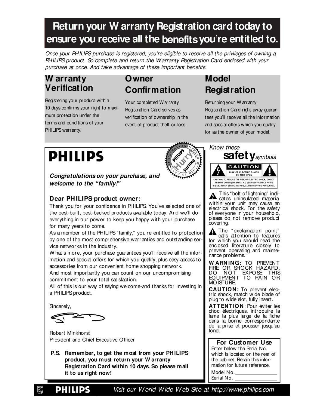 Philips VPB115AT owner manual Dear Philips product owner, For Customer Use 