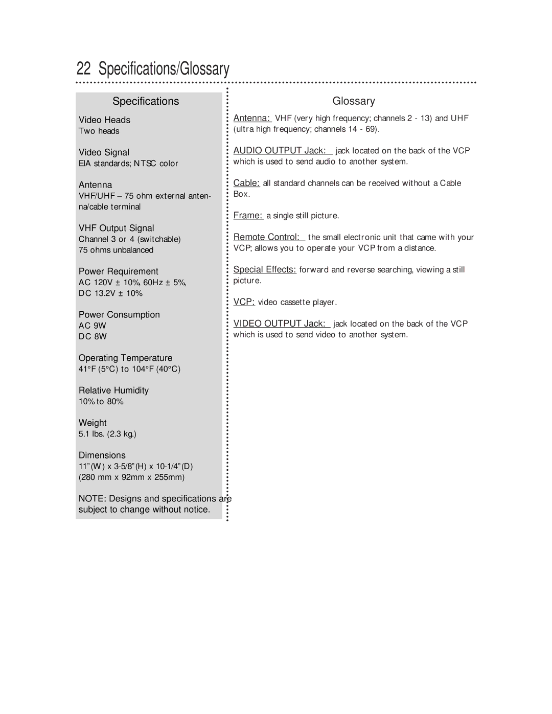 Philips VPB115AT owner manual Specifications/Glossary 